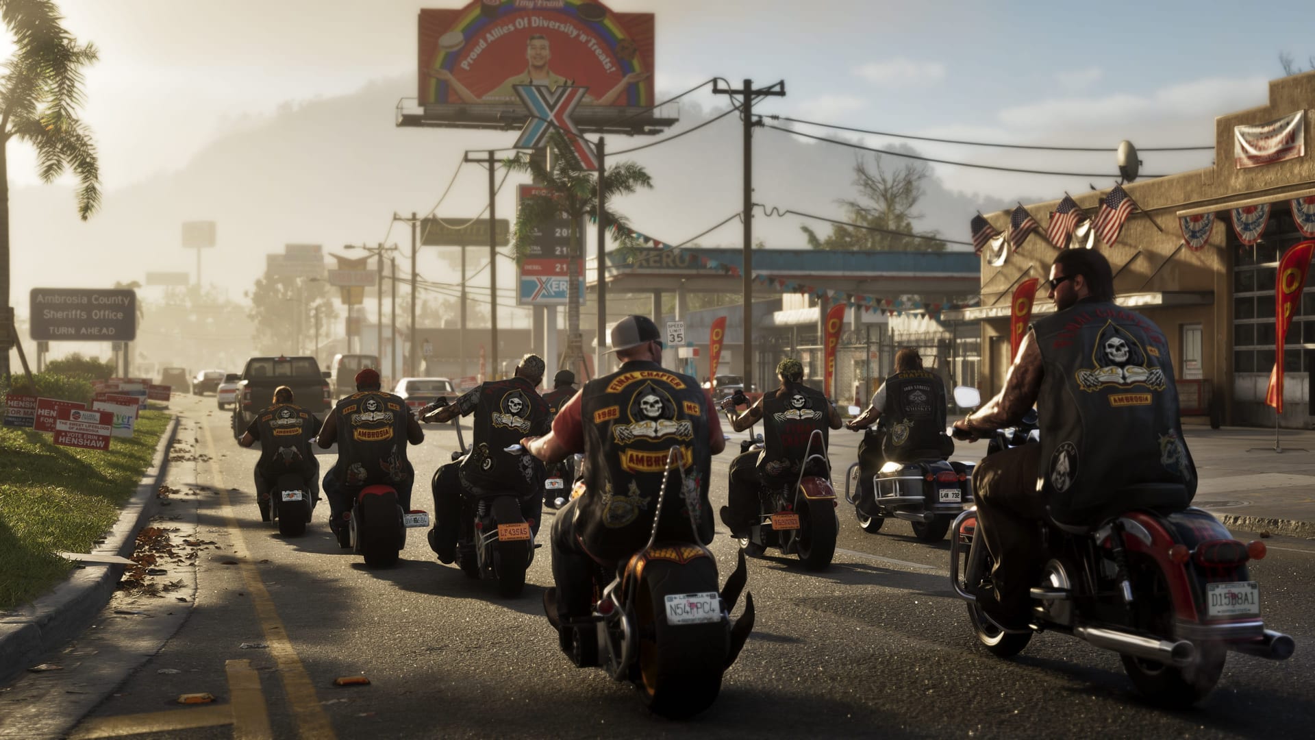 A biker gang on a main street in Ambrosia in official GTA VI media