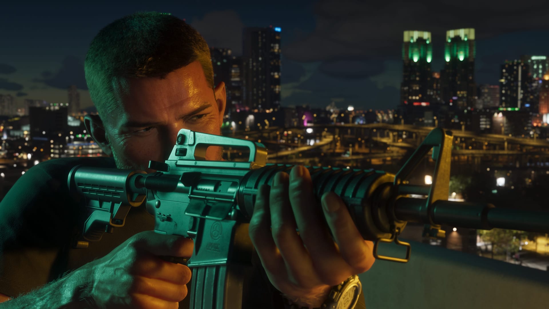 Jason in a night shootout against the Vice City skyline in official GTA VI media