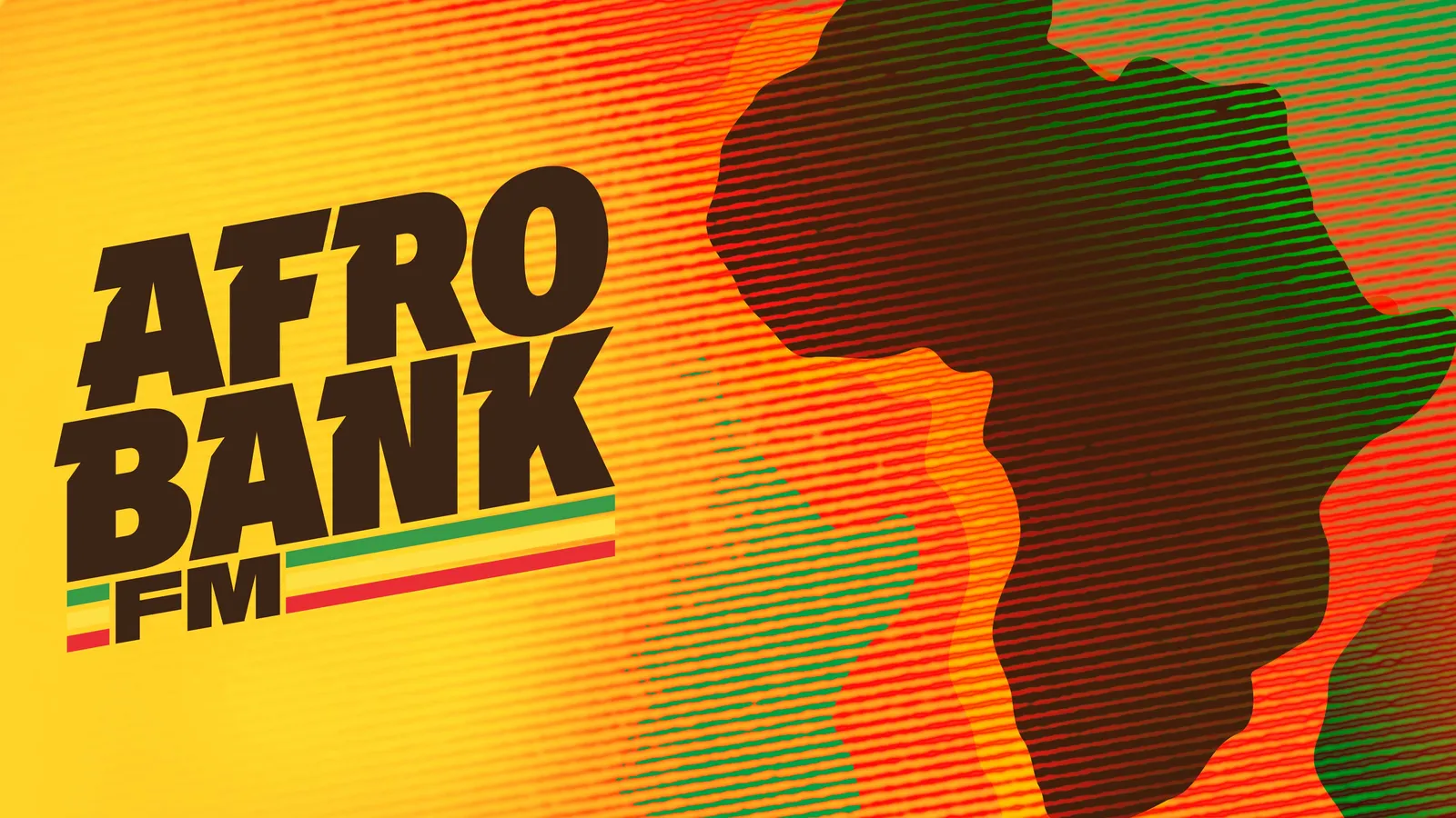 AfroBank FM station art: the AfroBank FM logo in bold letters beside a striped outline of Africa in green, red and orange