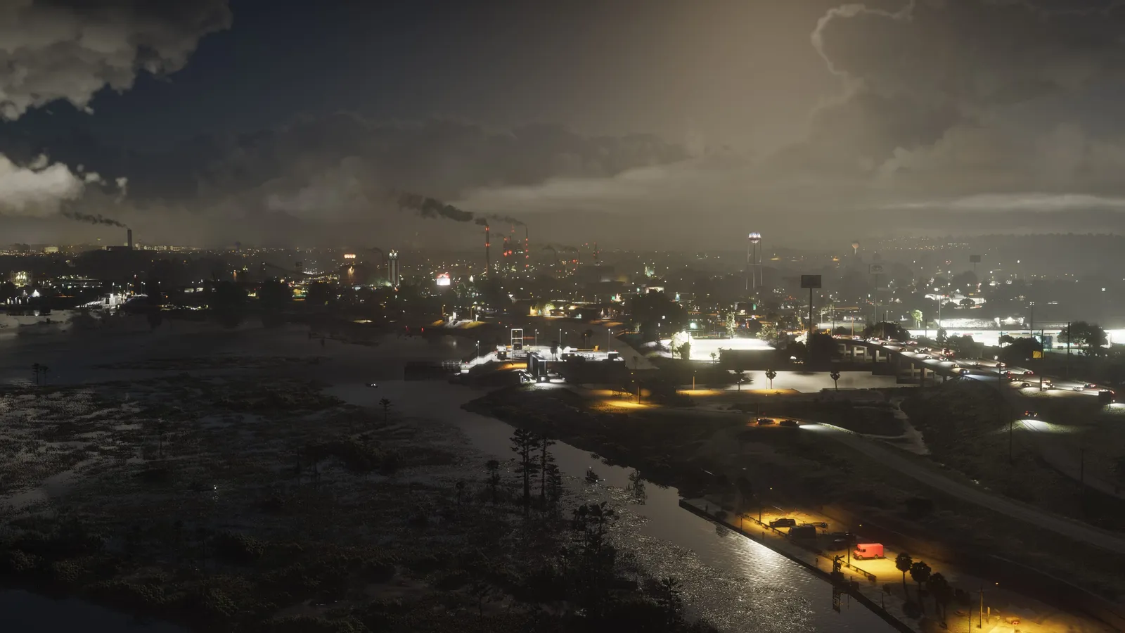 Heavy clouds and factory smoke hang over the lights of Ambrosia at night