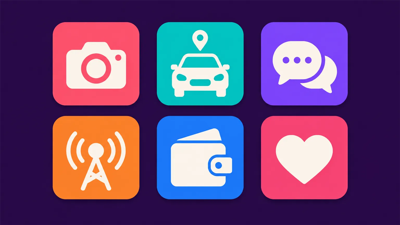 Six colourful app tiles on a dark purple background: a camera, a car with a map pin, chat bubbles, a radio mast, a wallet and a heart
