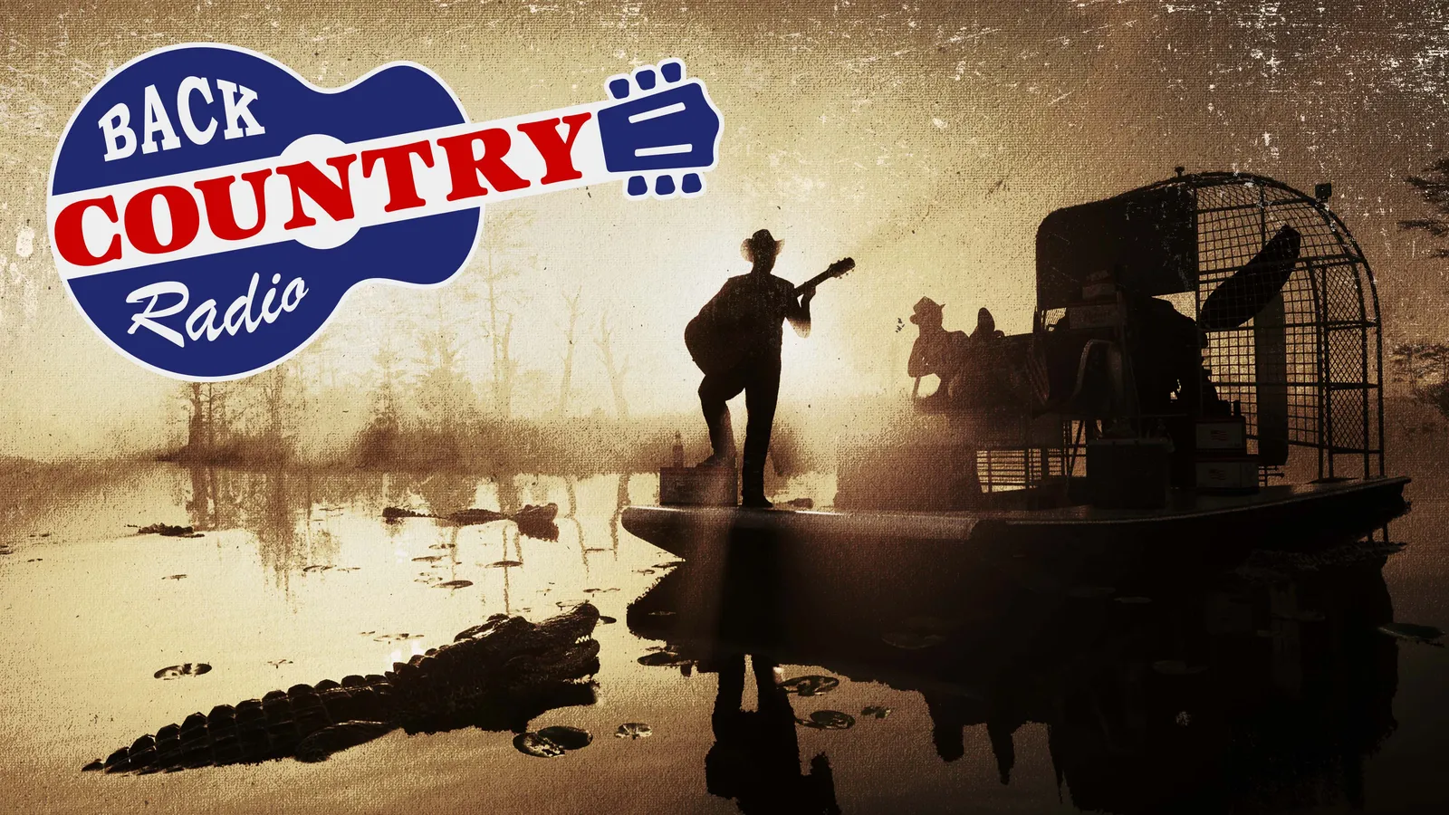 Back Country Radio station art: a silhouetted figure with a guitar stands on an airboat in a misty swamp full of alligators, beside the station's guitar-shaped logo