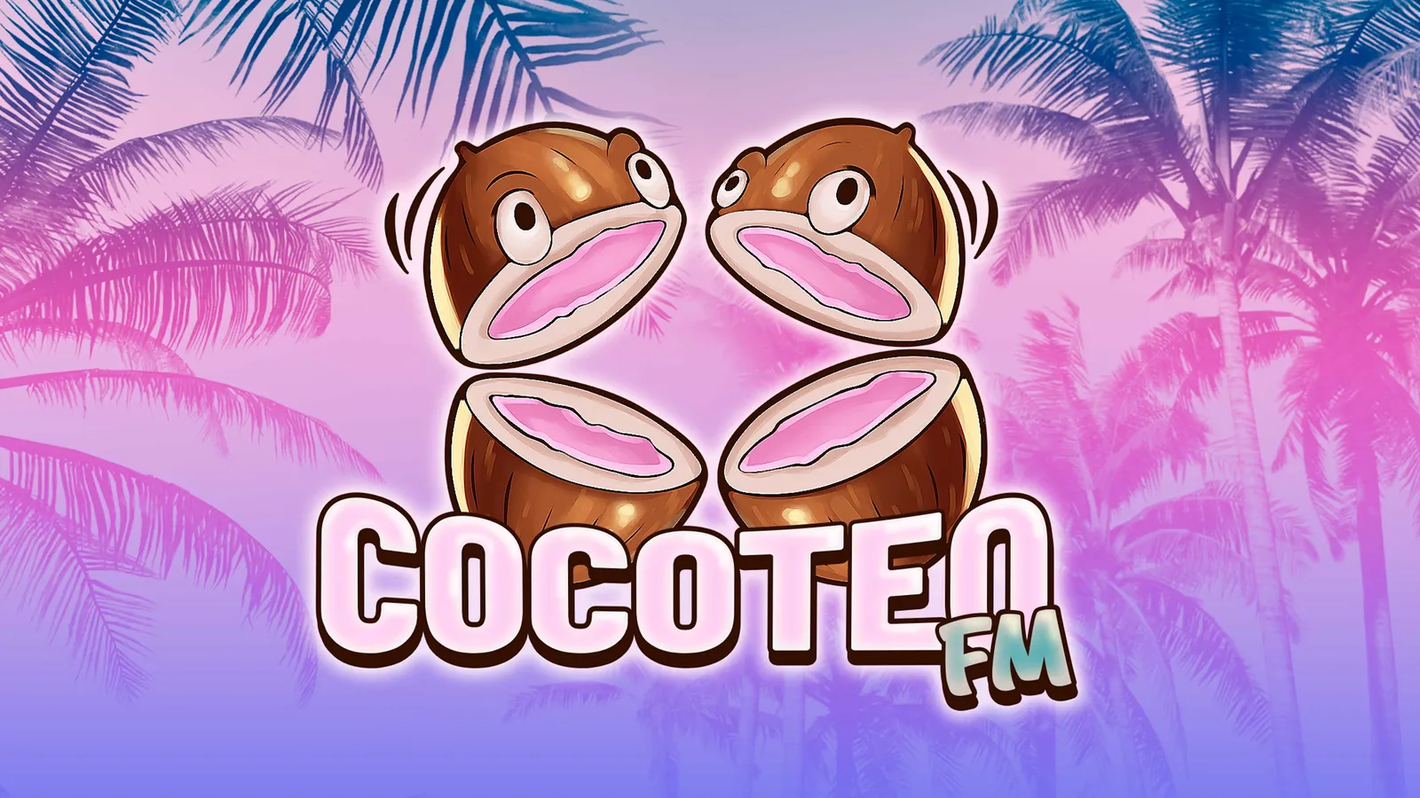 Cocoteo FM station art: two halved coconuts with cartoon eyes above the pink Cocoteo FM logo, with palm trees behind