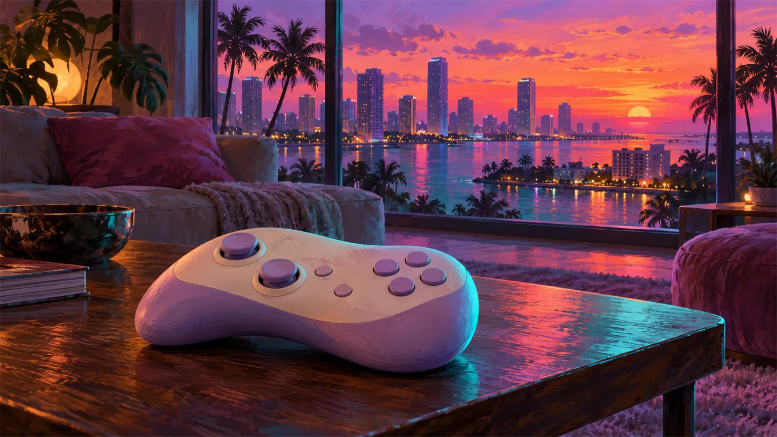 A rounded game controller resting on a coffee table, with a sunset city skyline and palm trees through the window behind it