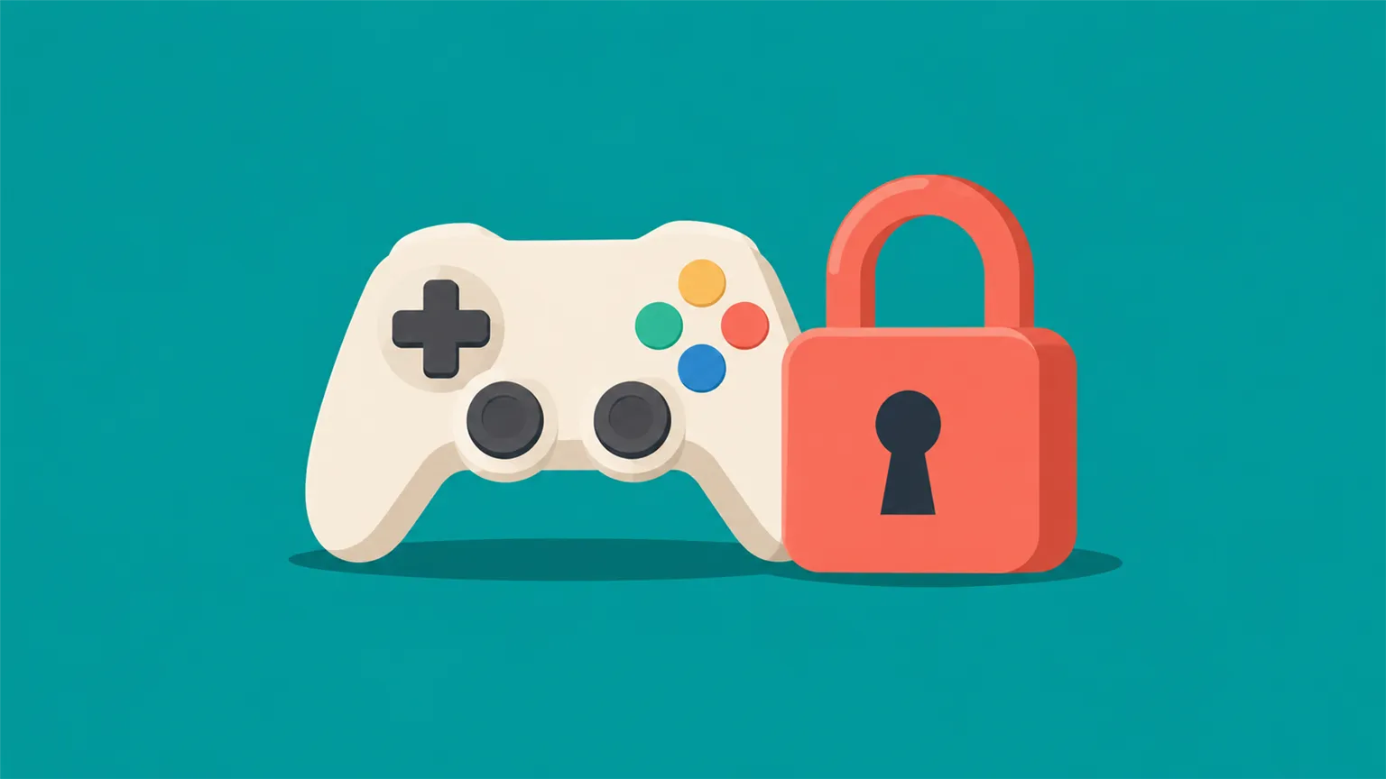 A plain game controller sits beside a coral padlock on a teal background.