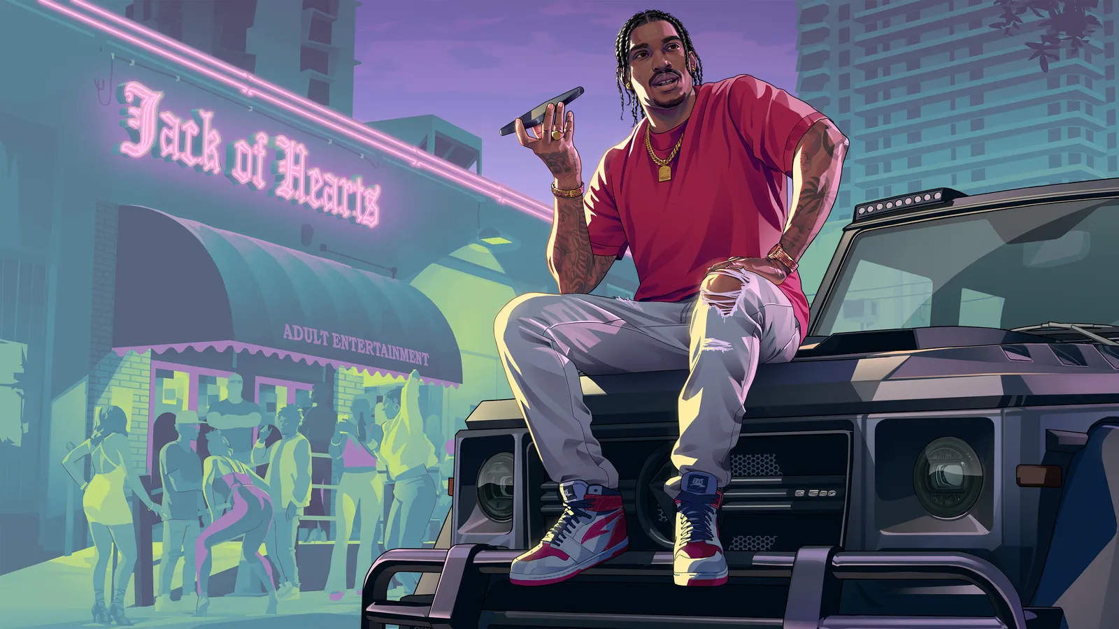 DreQuan Priest sitting on the hood of an SUV outside the neon-lit Jack of Hearts club, whose awning reads Adult Entertainment
