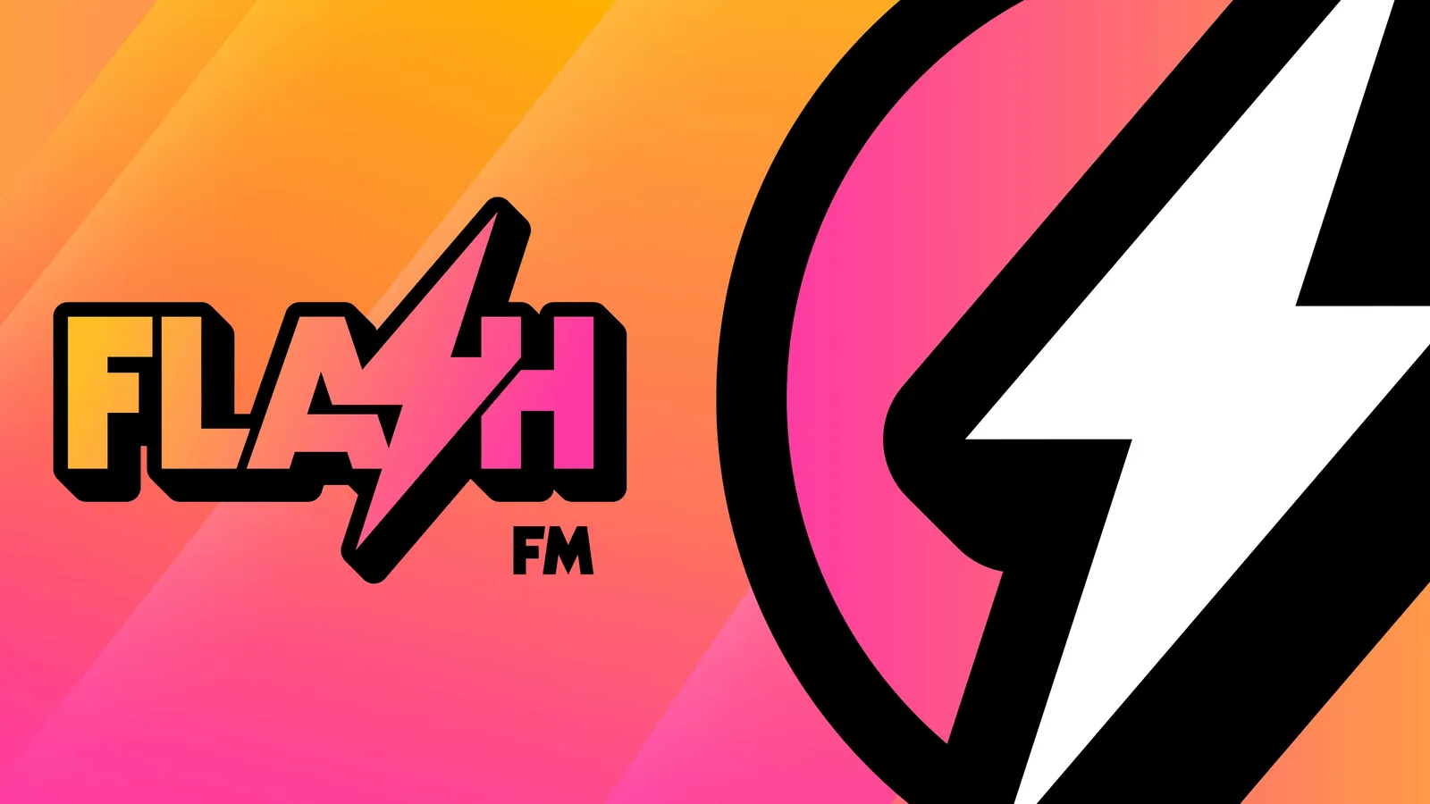 Flash FM station art: the Flash FM logo, with a lightning bolt as the S, beside a giant lightning bolt on a pink and orange background