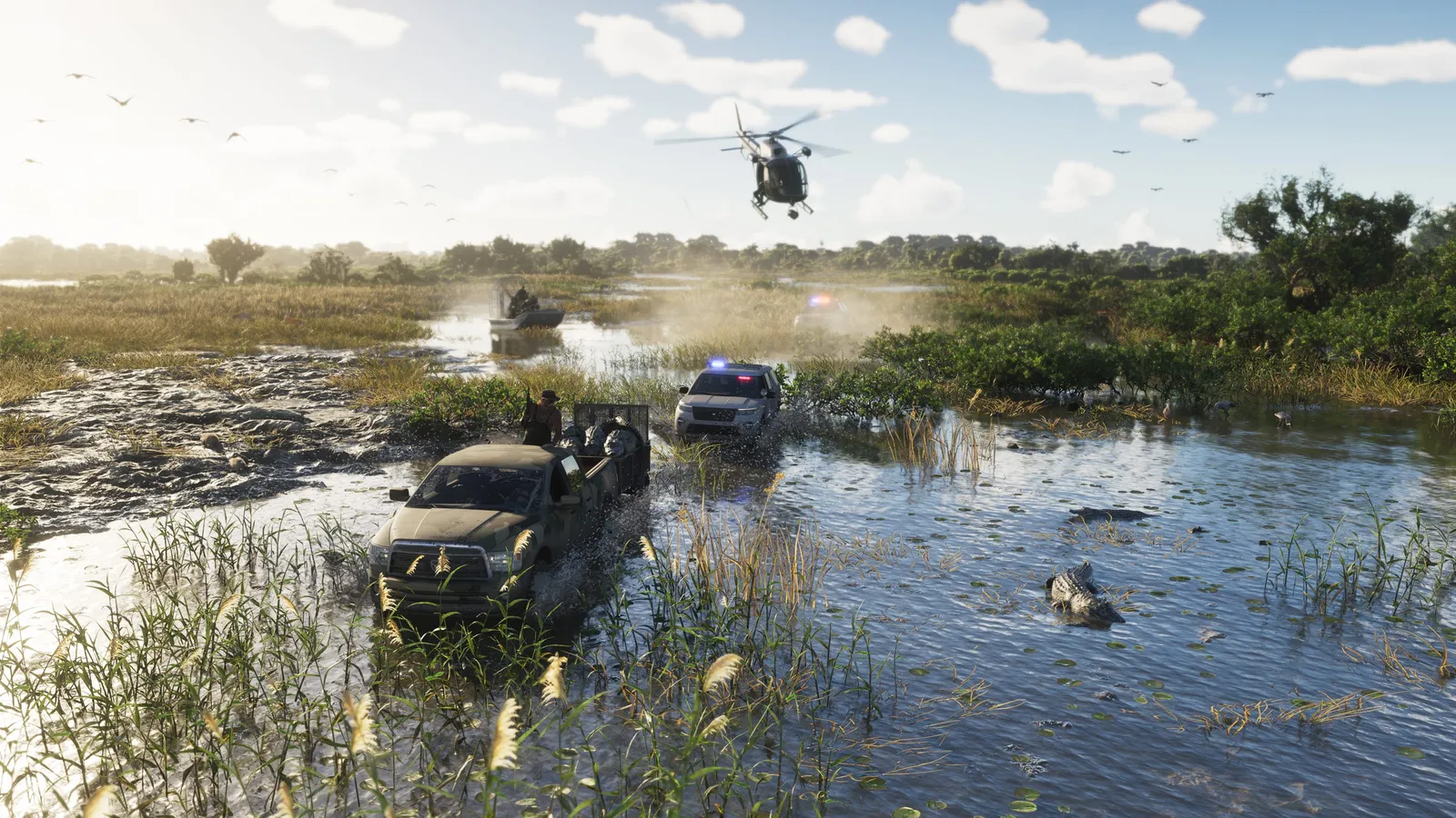 A pickup truck splashes through a Grassrivers swamp as police cars and a helicopter give chase, with an alligator in the water
