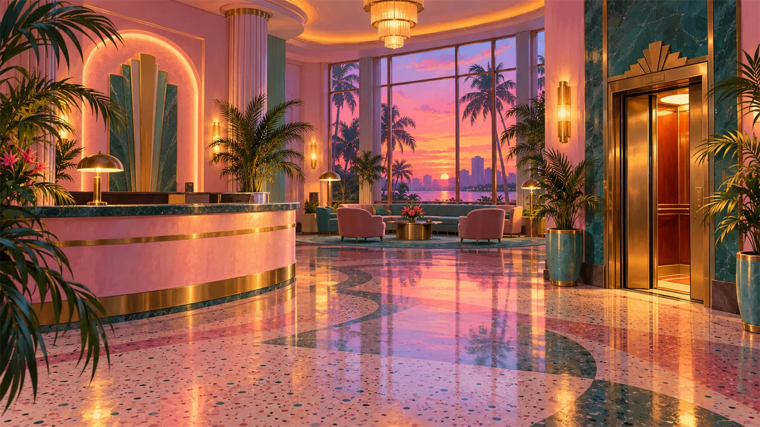 A painterly illustration of an empty pastel art deco hotel lobby at dusk, with palms, a curved reception desk and a lift door glowing open
