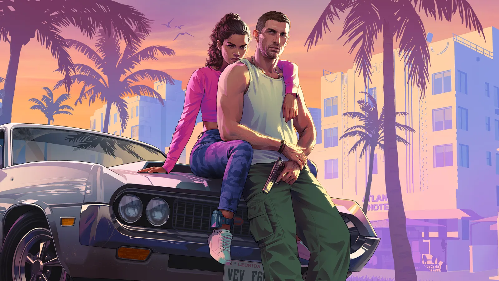 Lucia sits on the hood of a classic car while Jason leans against it holding a pistol, under palm trees and pastel art deco hotels