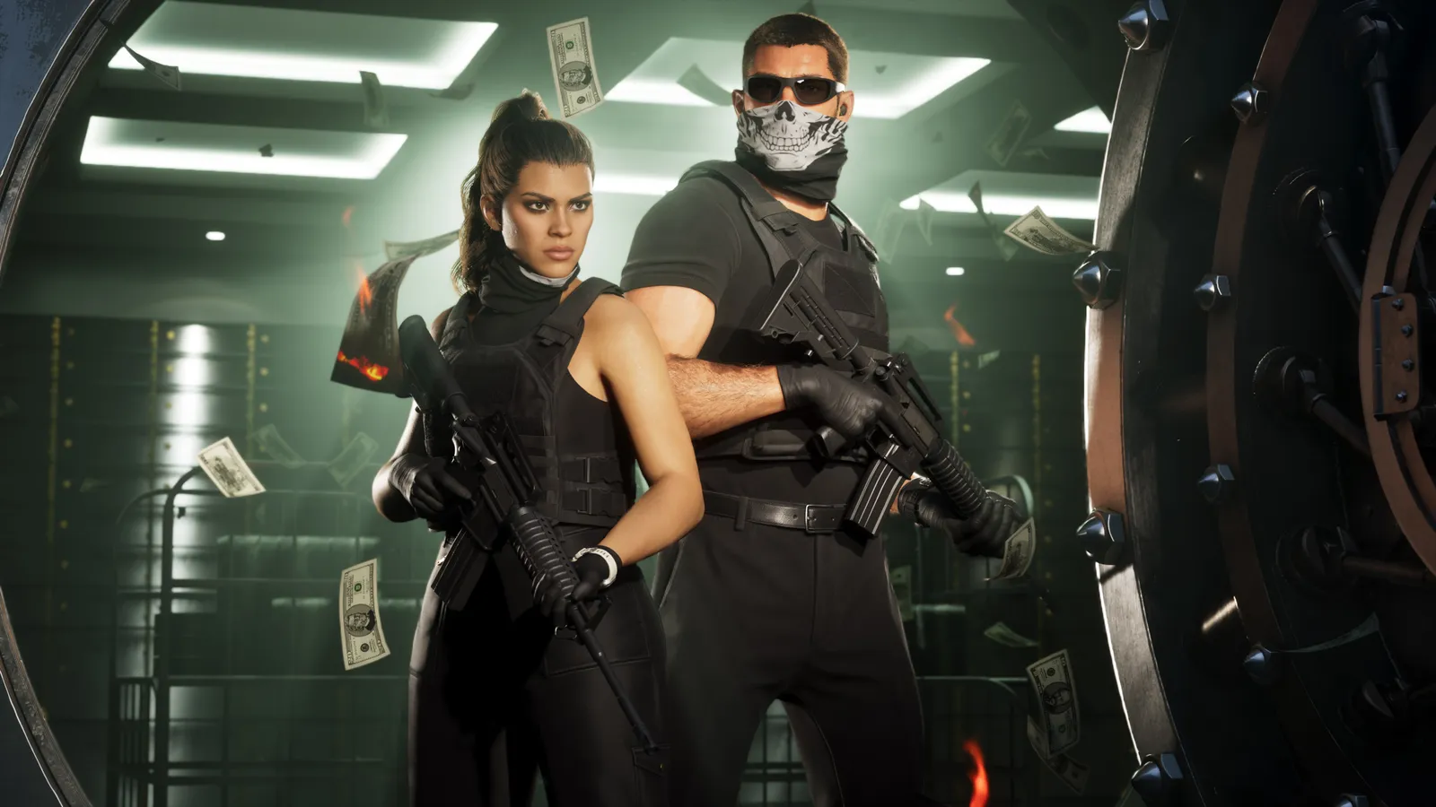 Lucia Caminos and Jason Duval in black tactical gear, Jason in a skull face mask, holding rifles in an open bank vault as banknotes fly around them