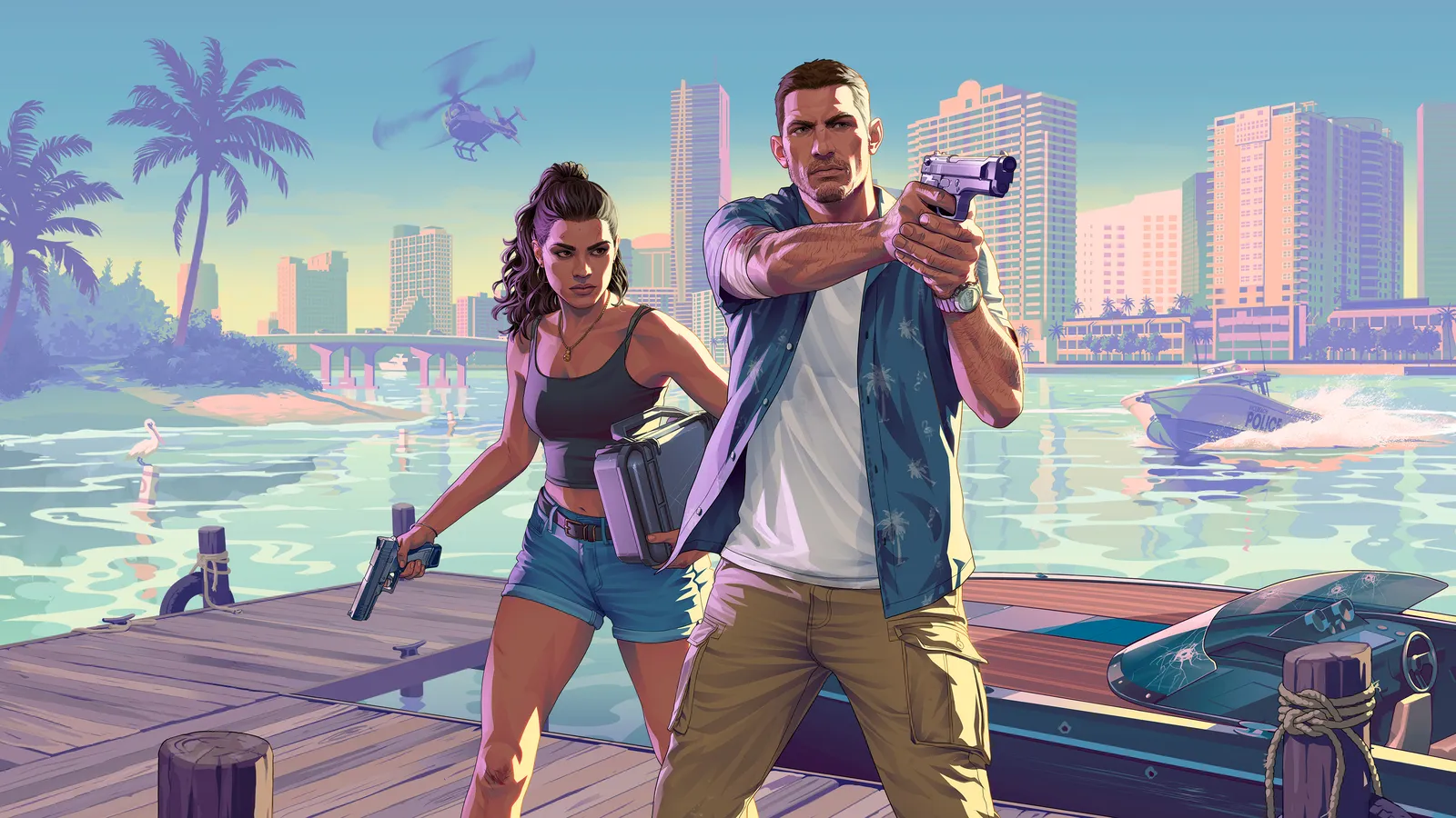 Jason aims a pistol on a wooden dock while Lucia follows with a pistol and a metal case, a police boat and a city skyline behind them