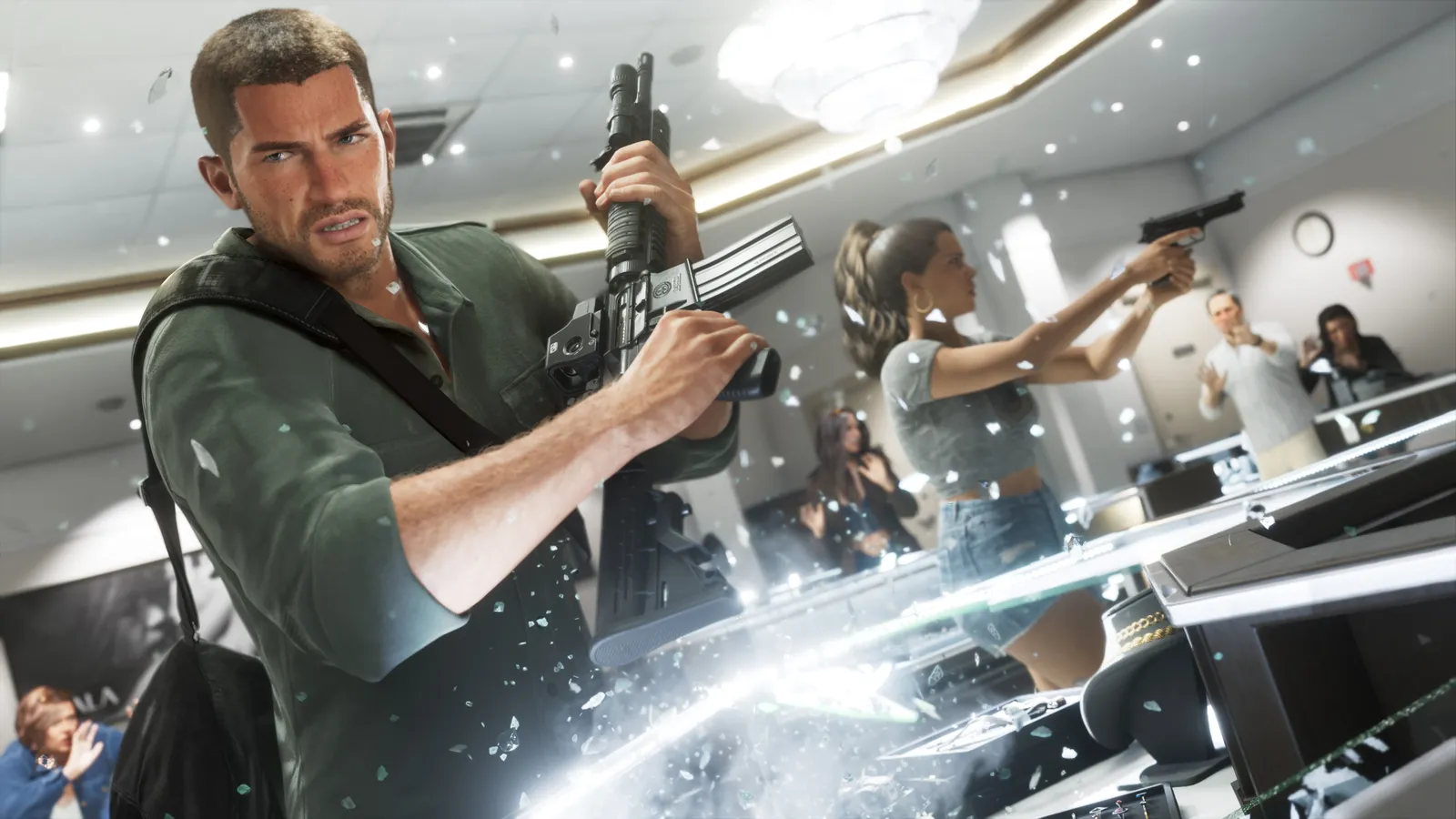 Jason swings a rifle through a glass display counter, sending shards flying, while Lucia aims a pistol at frightened staff in a bright store