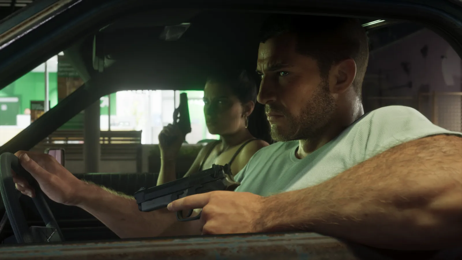 Jason drives with a pistol in his hand while Lucia, in the passenger seat, holds up a pistol beside him