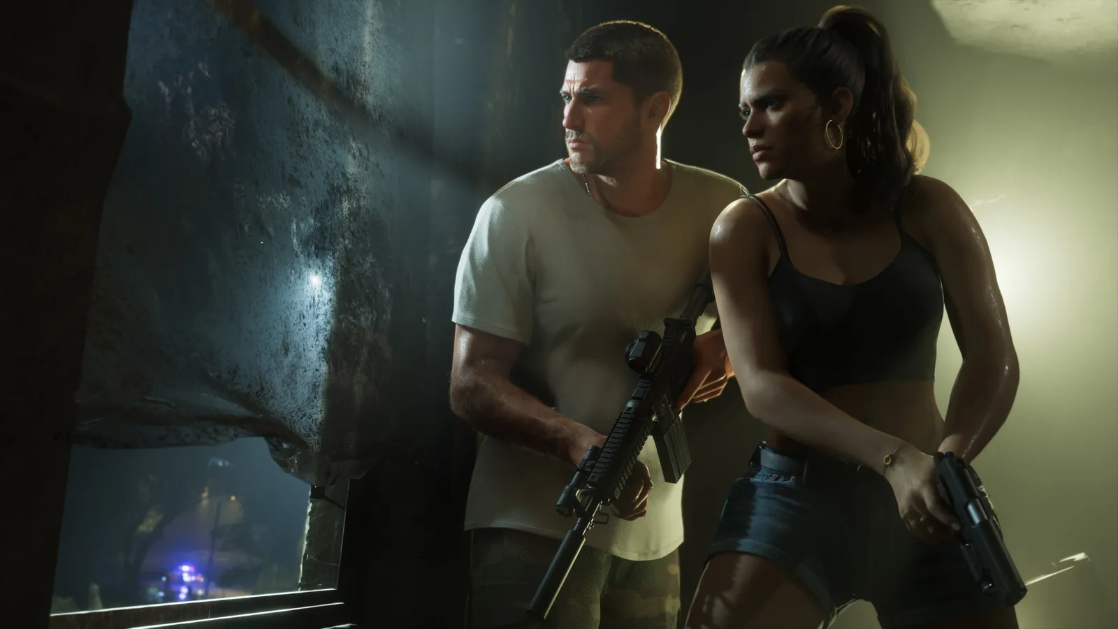 Jason with a rifle and Lucia with a pistol press against a wall in a dim room, police lights flashing outside the window
