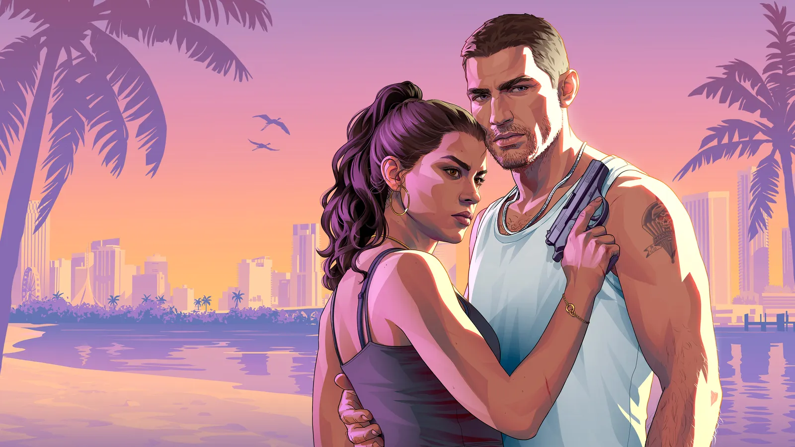 Jason and Lucia embrace on a beach at sunset, Jason holding a pistol, with a city skyline behind them