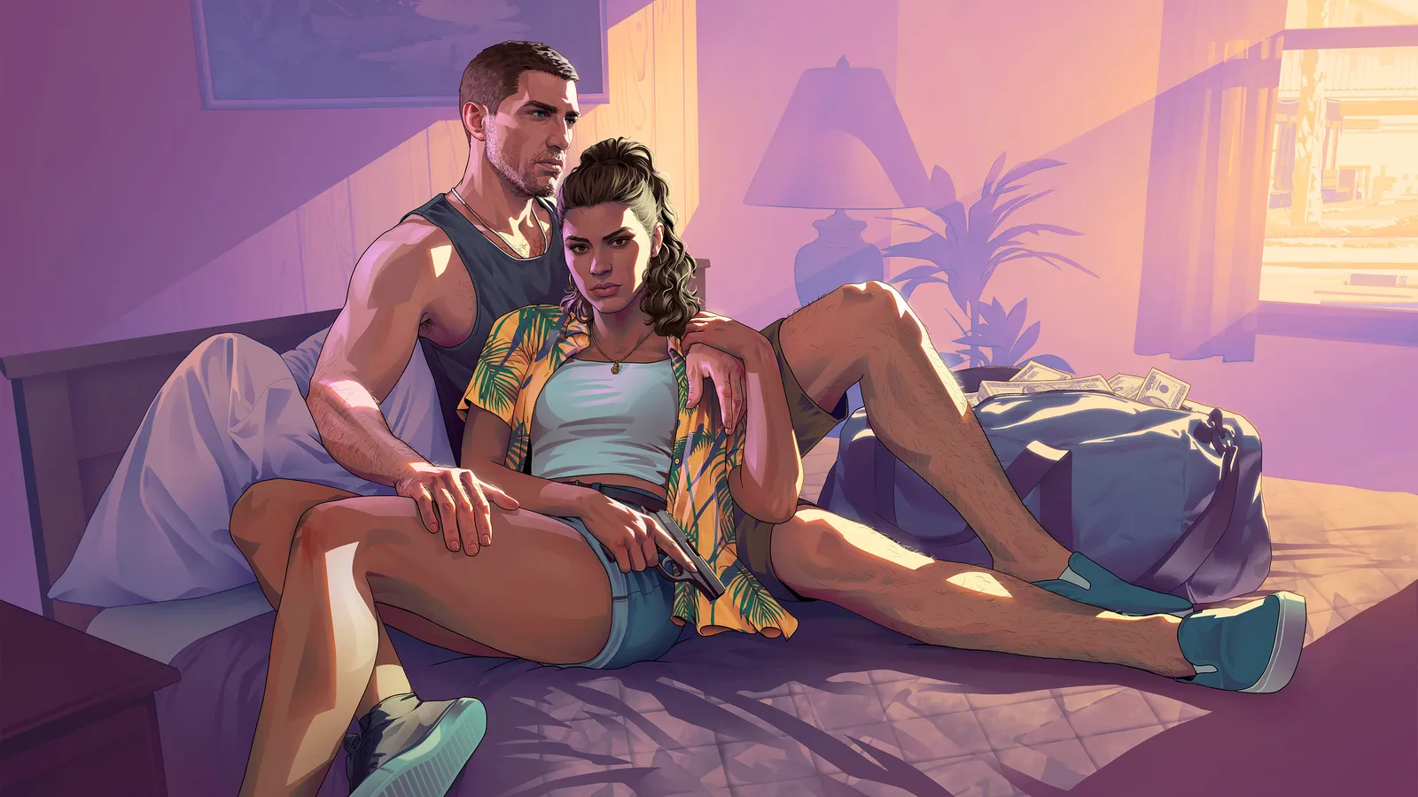 Artwork of Jason and Lucia relaxing on a motel bed, Lucia holding a pistol, with a bag of cash beside them