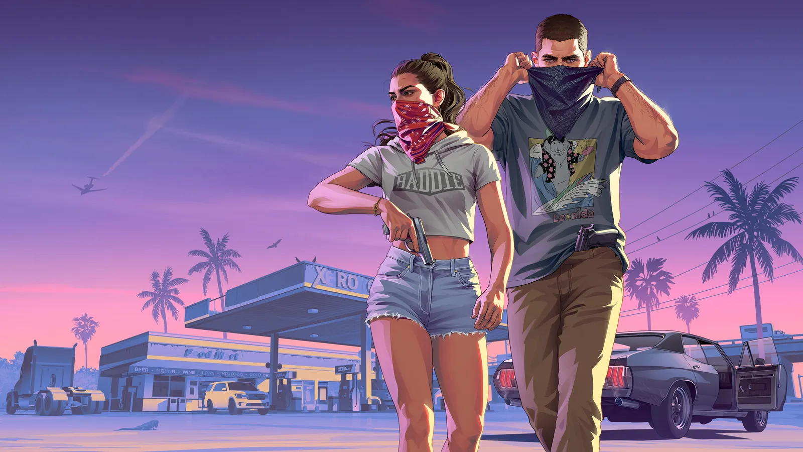 Lucia, her face covered by a red bandana, walks away from a gas station with Jason, who pulls a bandana over his face