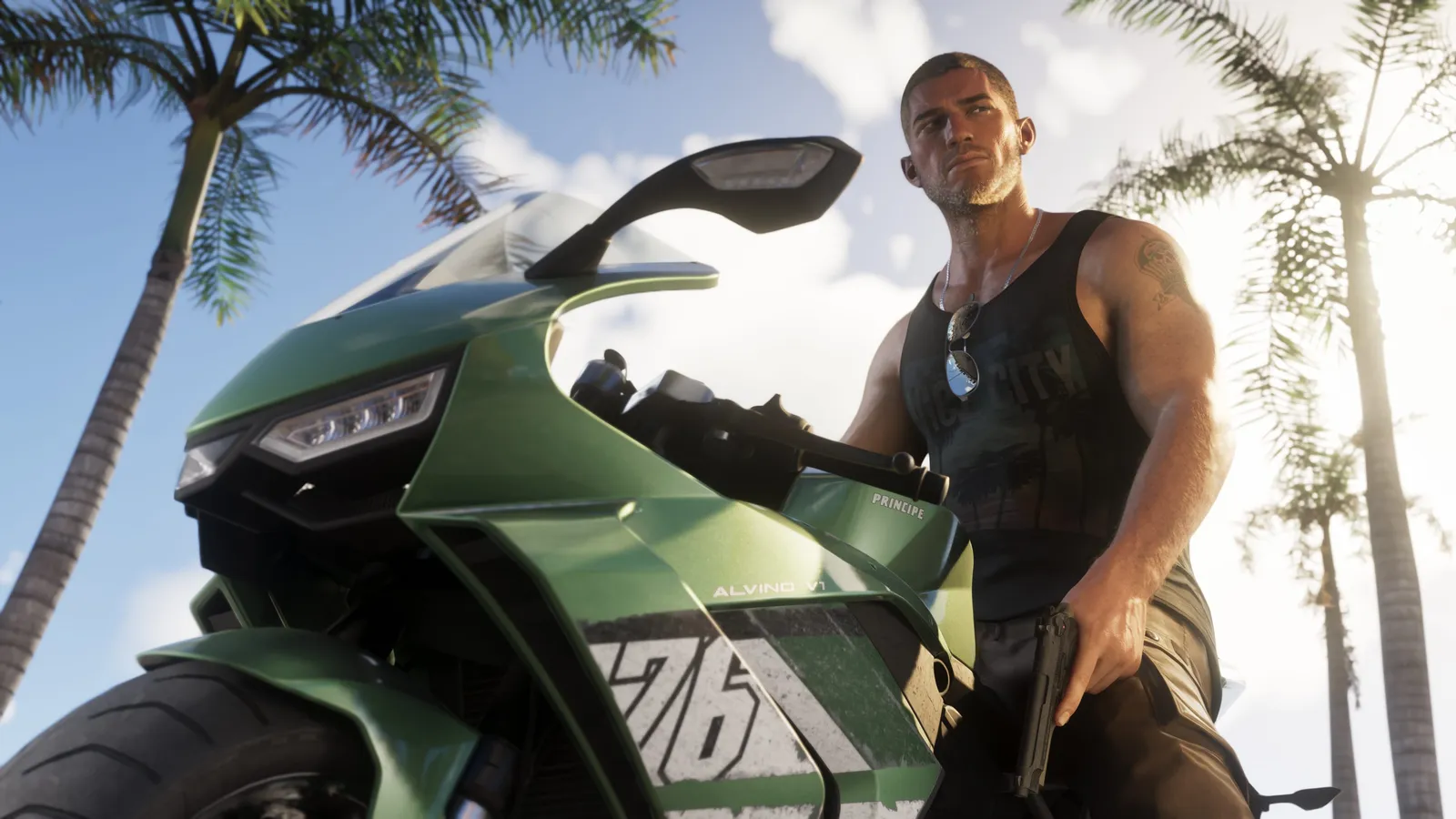Jason, holding a pistol, stands beside a green sports bike under palm trees