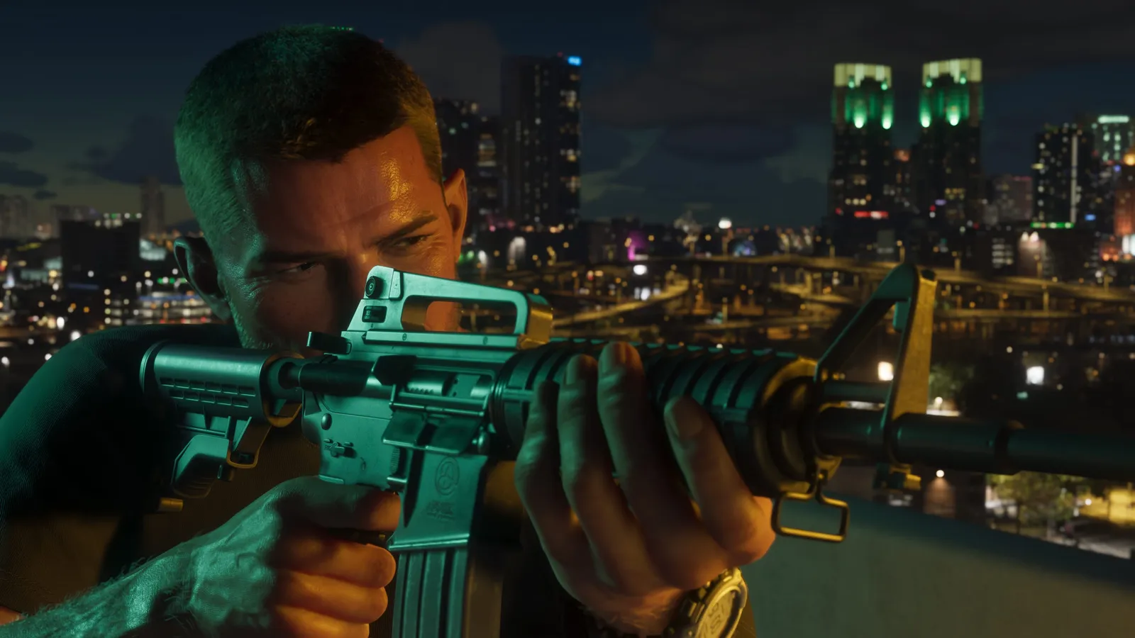 Jason aims a rifle at night, a lit city skyline behind him