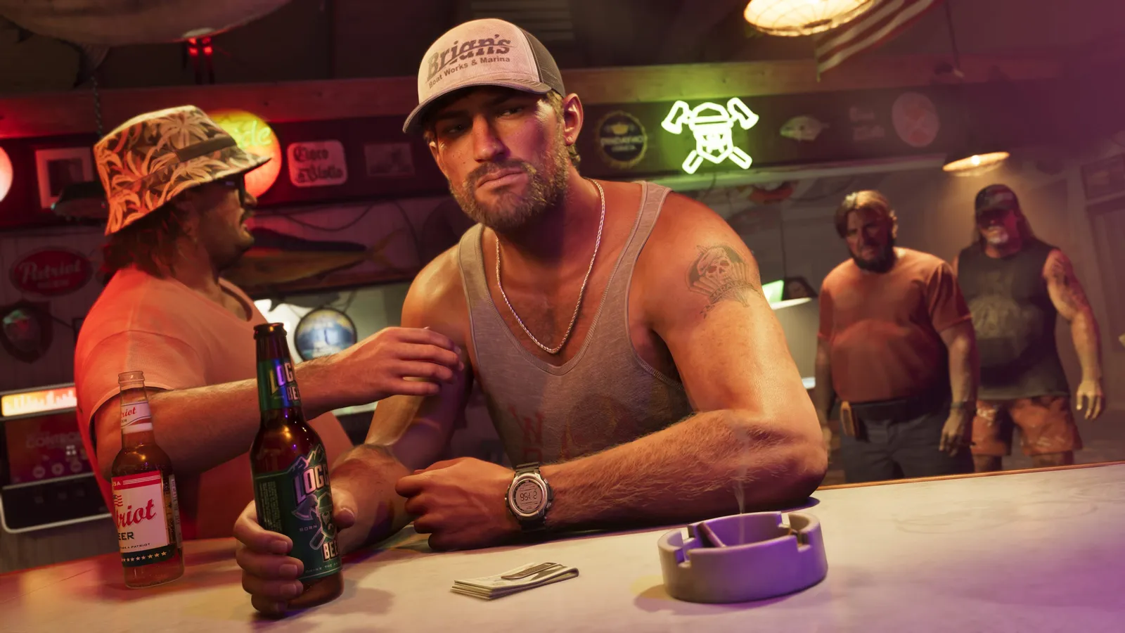Jason, in a Brian's Boat Works and Marina cap and a tank top, sits at a neon-lit bar with a beer as a man in a bucket hat leans in and two men watch from behind