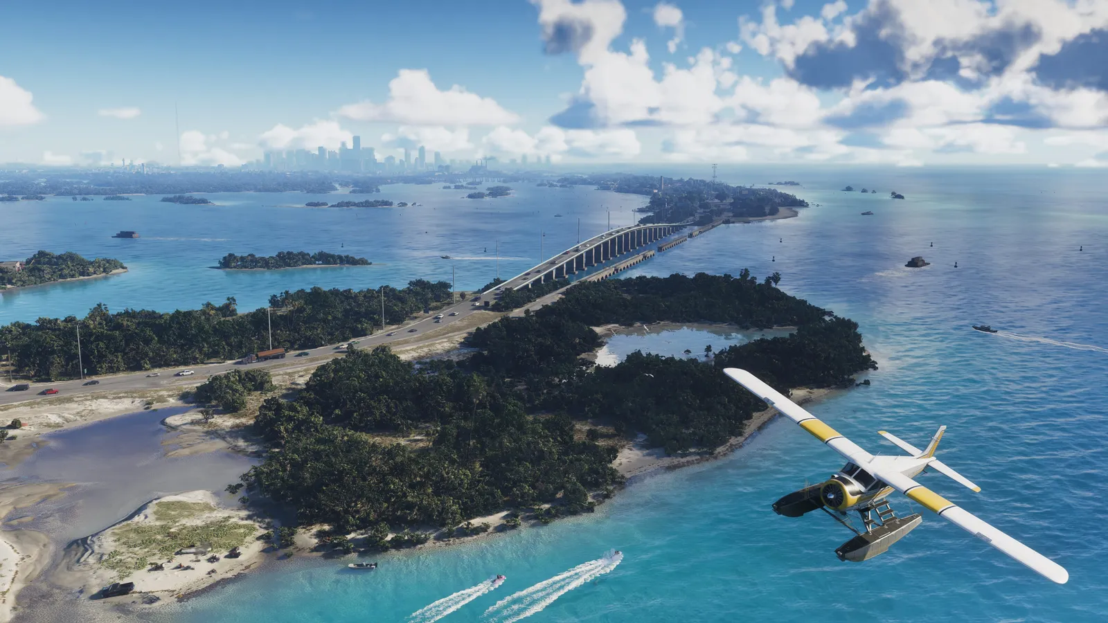 A seaplane flies low over the green islands and causeway of the Leonida Keys, with the Vice City skyline far behind