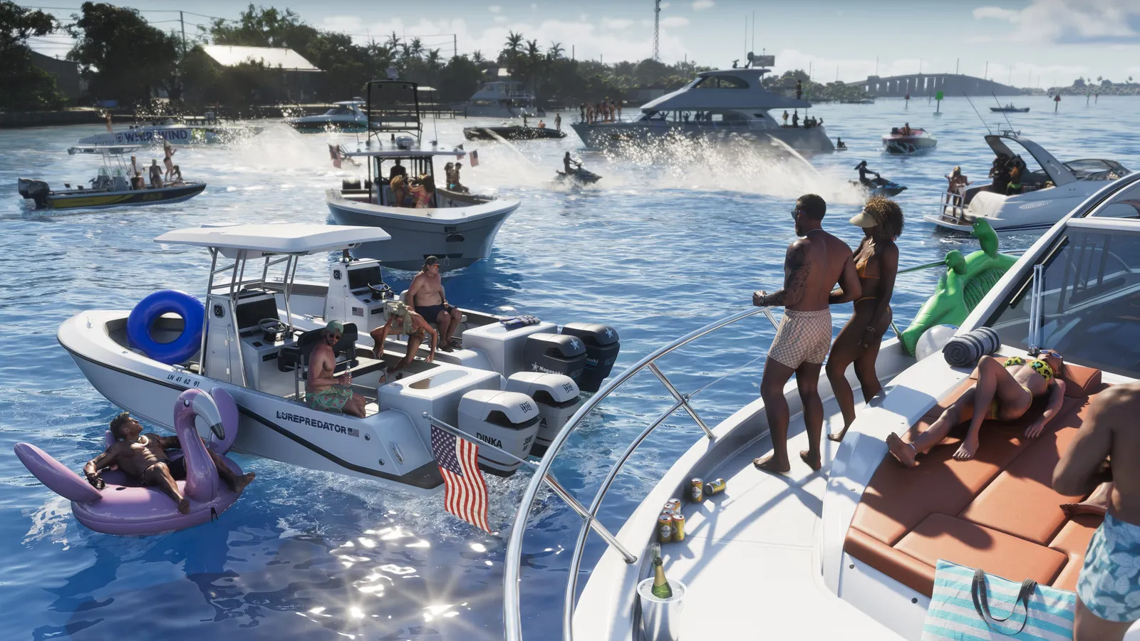 Speedboats, jet skis and a party yacht crowd the turquoise water in the Leonida Keys