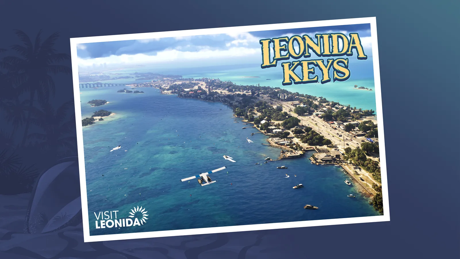 Official Leonida Keys postcard art: a seaplane flies over turquoise water beside a long strip of island towns