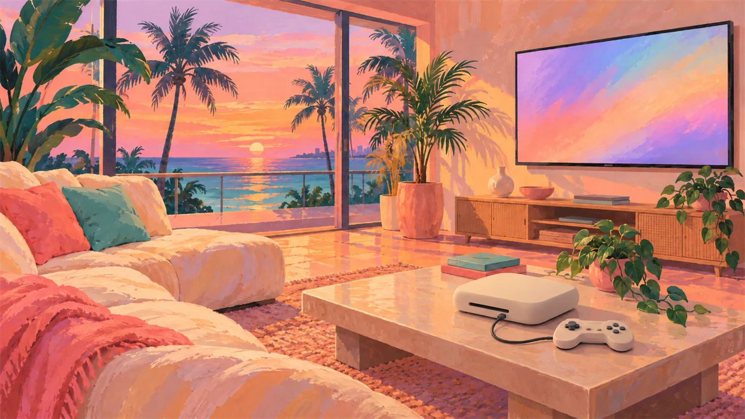 A painted living room at sunset with an unbranded game console and controller on a coffee table, a glowing TV on the wall and palm trees and the sea outside the window