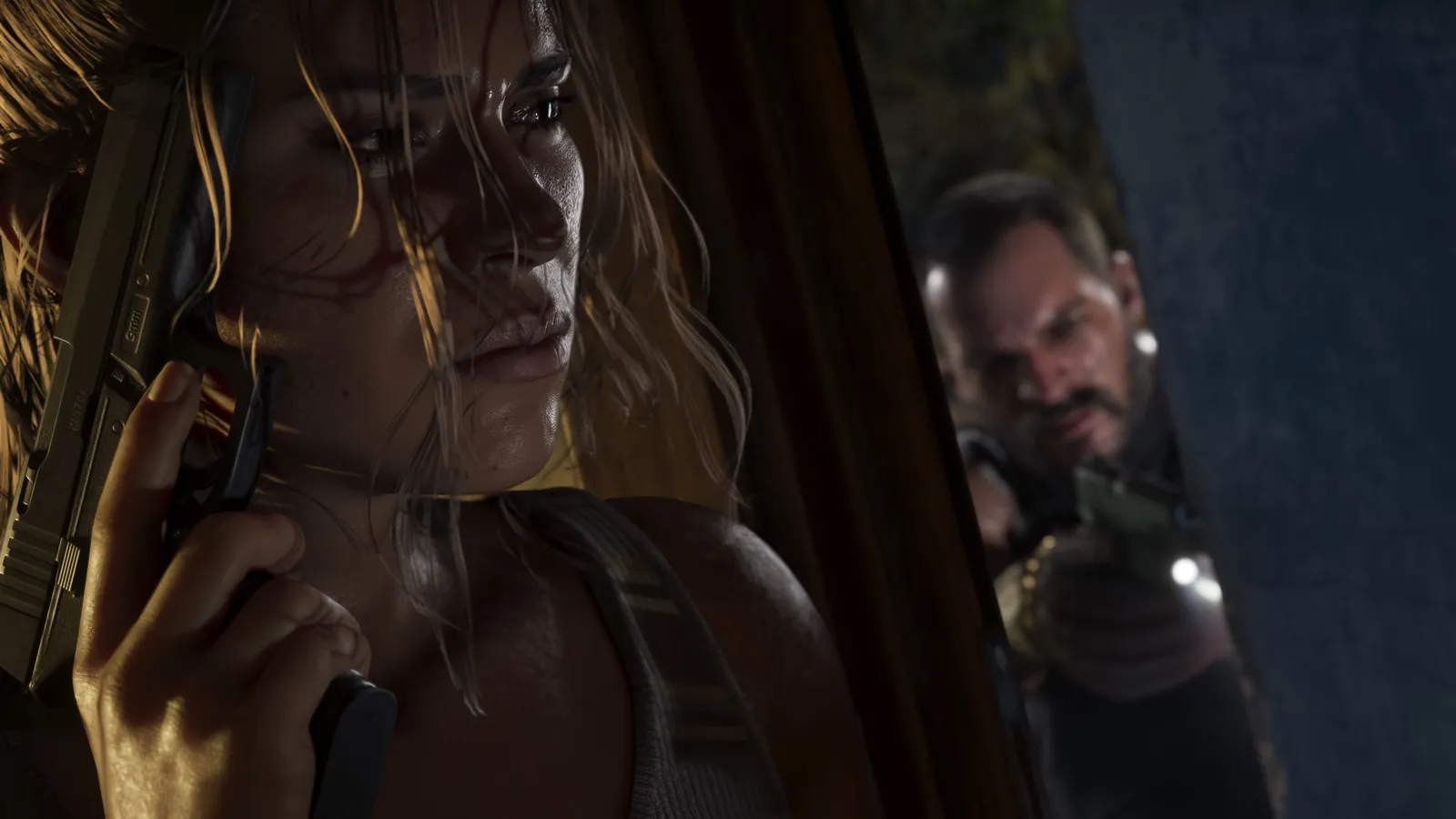 Lucia hides with a pistol held close to her face as an armed man with a flashlight creeps up behind her