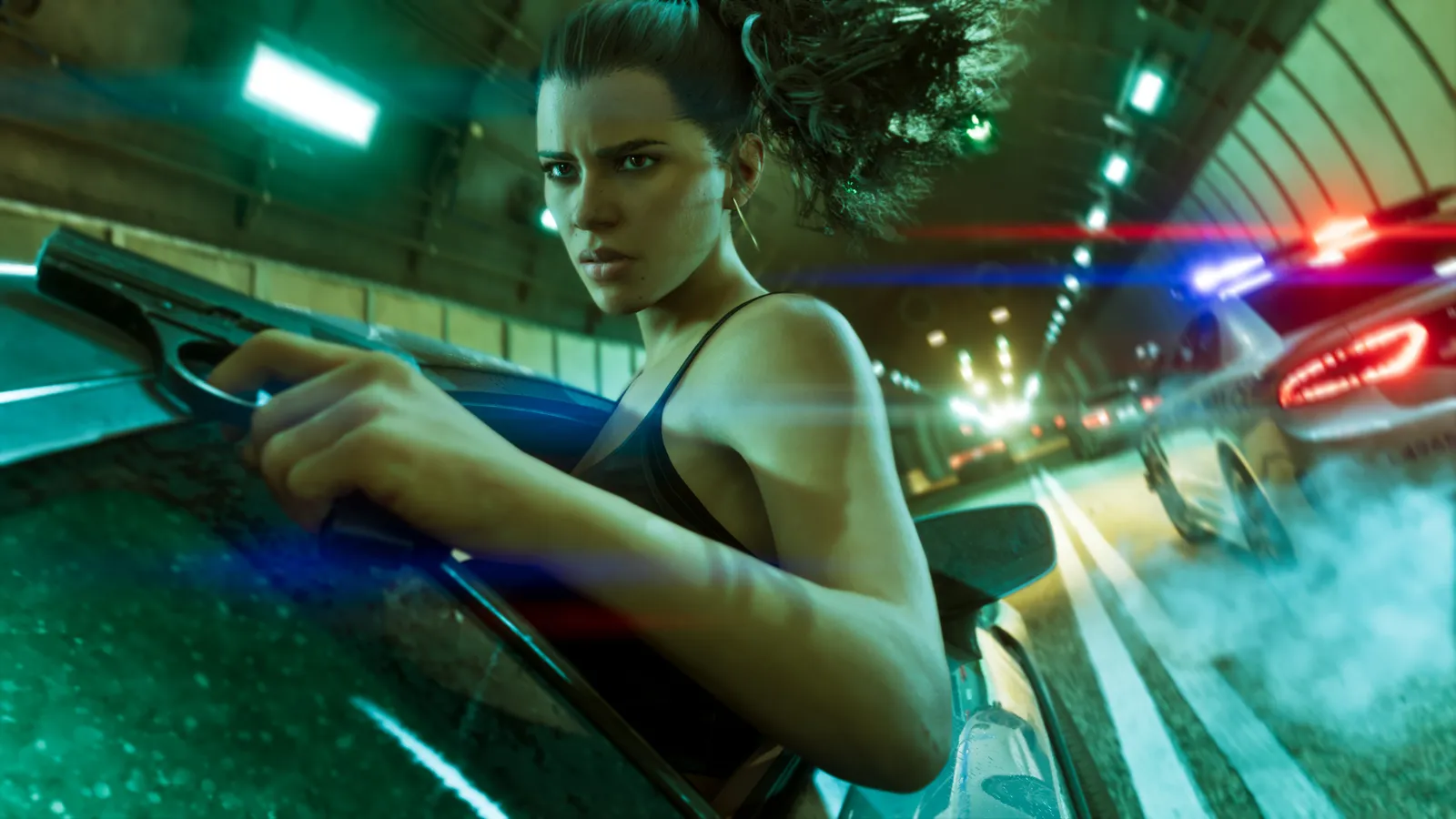 Lucia leans out of a car window with a pistol as it speeds through a tunnel, a police car's lights glaring behind her