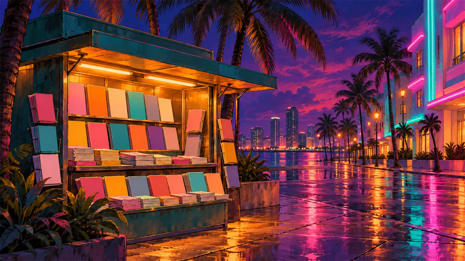 A small street-corner newsstand at night under palm trees, its shelves stacked with plain magazines