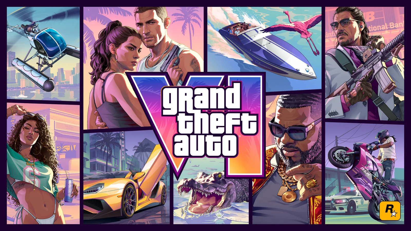 Official Grand Theft Auto VI cover art, a collage of Jason, Lucia and other characters around the game's logo