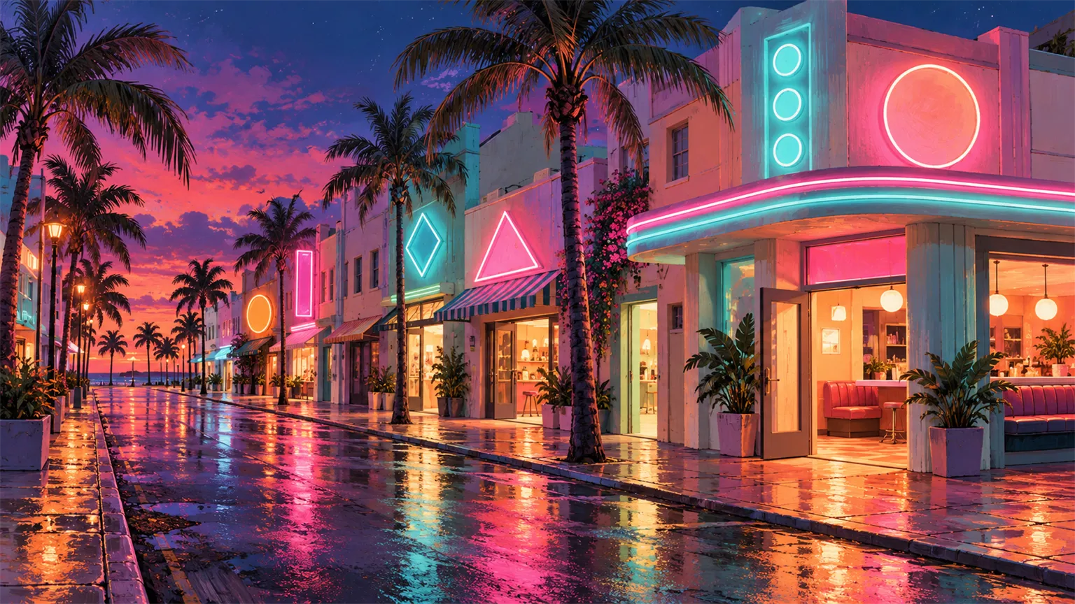 A painterly illustration of a quiet night street of pastel shopfronts where some doors glow open and others are dark
