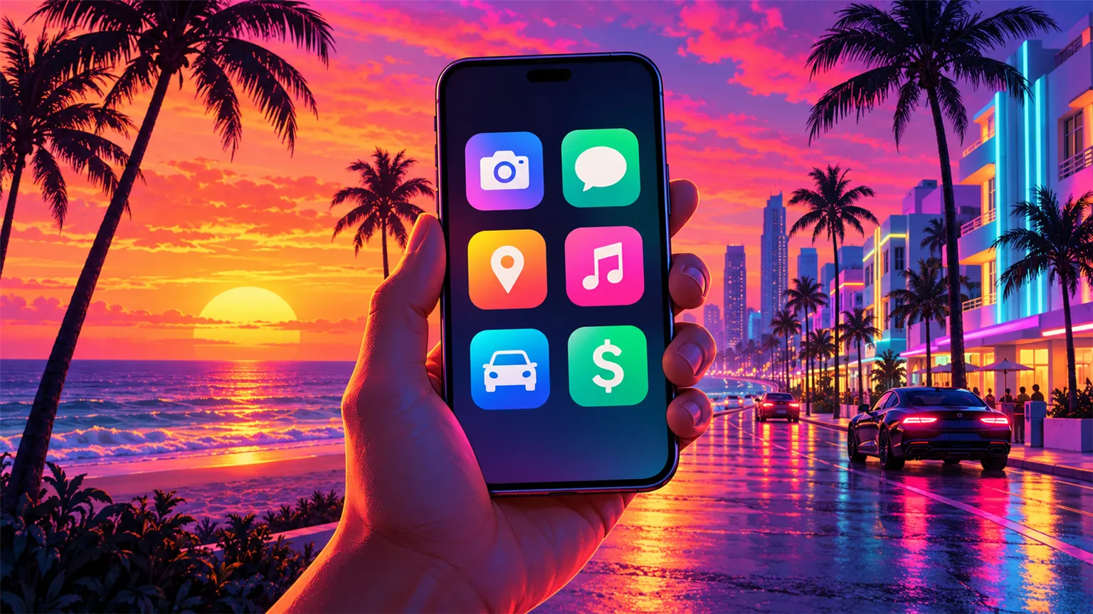 A hand holds up a smartphone with colourful app icons against a pink and orange sunset, palm trees and a neon-lit beachfront street