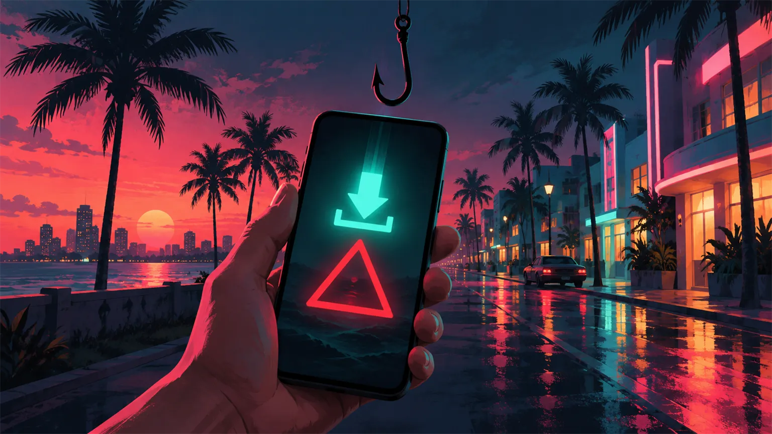 A hand holding an unbranded smartphone on a neon-lit palm-lined street at night, the screen showing a glowing download arrow and a red warning triangle while a shadowy hook hangs above it