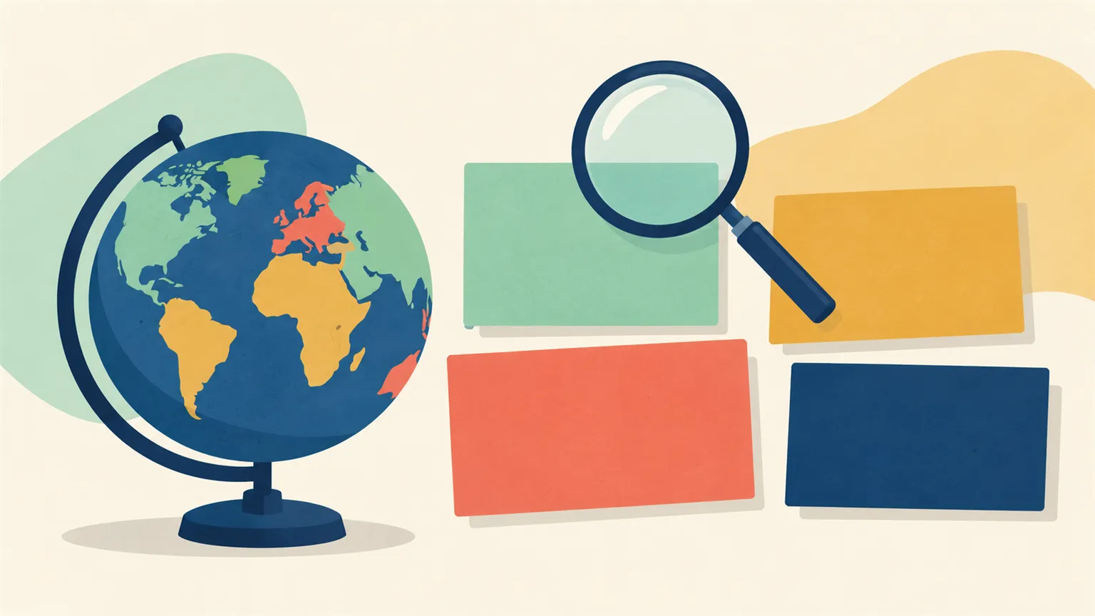 A globe and magnifying glass sit beside blank colored cards.