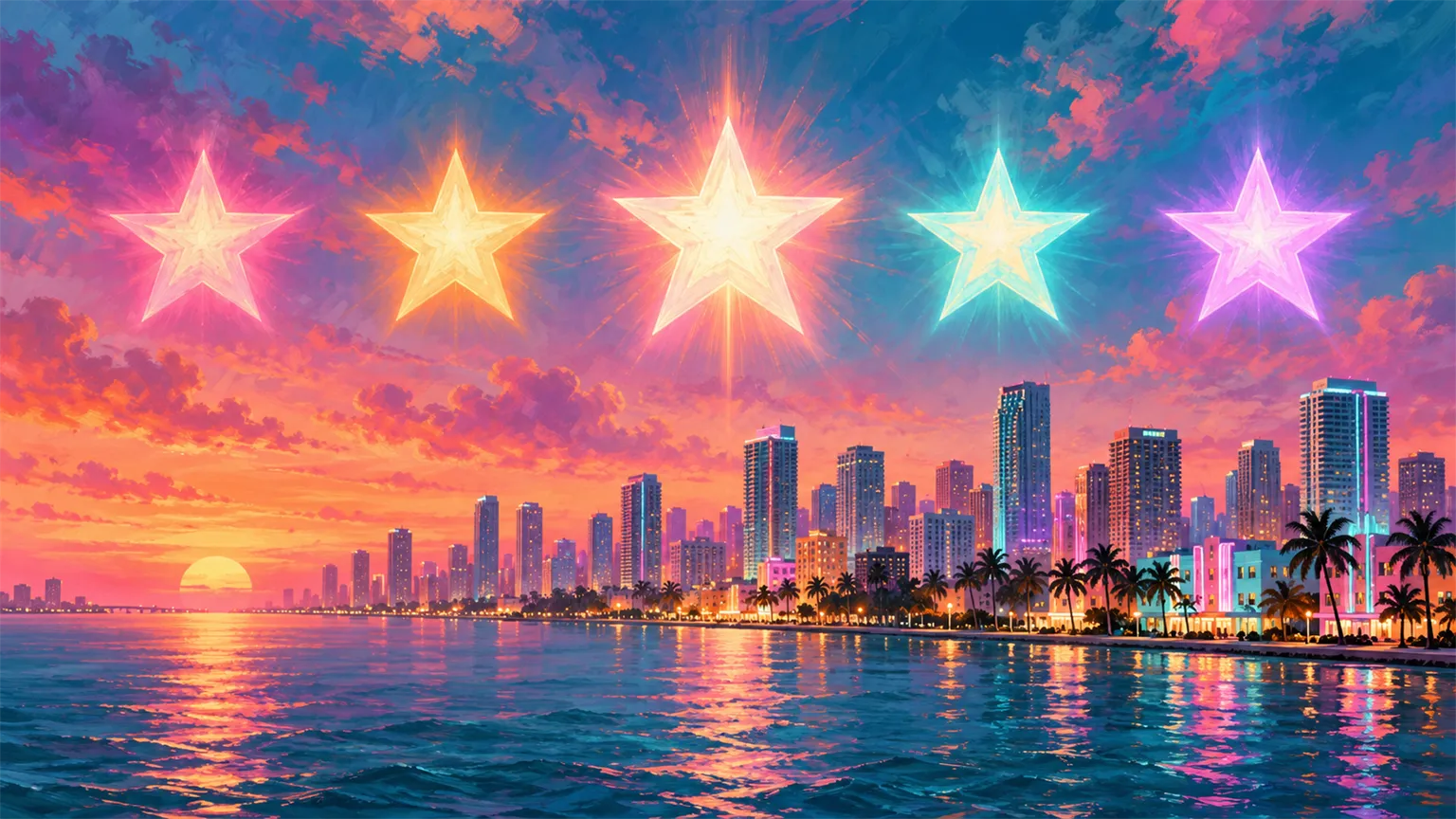 Five glowing star shapes in a row above a pastel city skyline at dusk