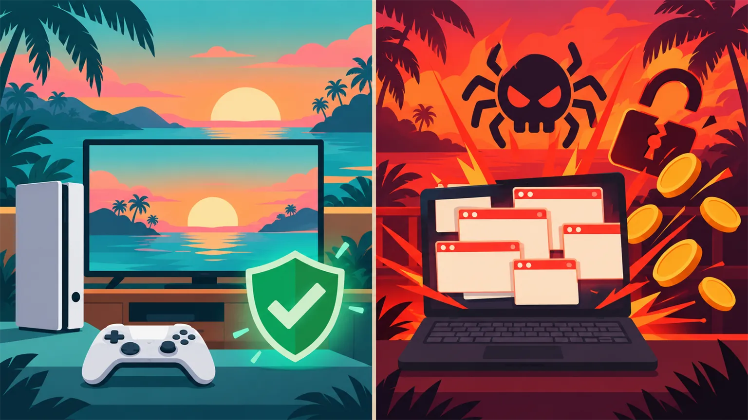 A flat split illustration: on the left a calm console and TV with a green shield, on the right a laptop flooded with pop-ups, a bug icon and a broken padlock spilling coins