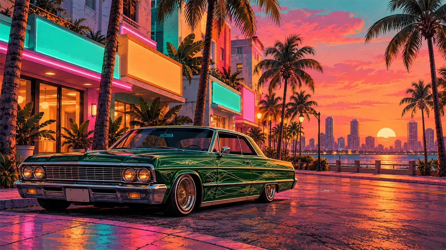 A stylised illustration of a green lowrider car parked under palm trees and neon storefronts on a city street at dusk