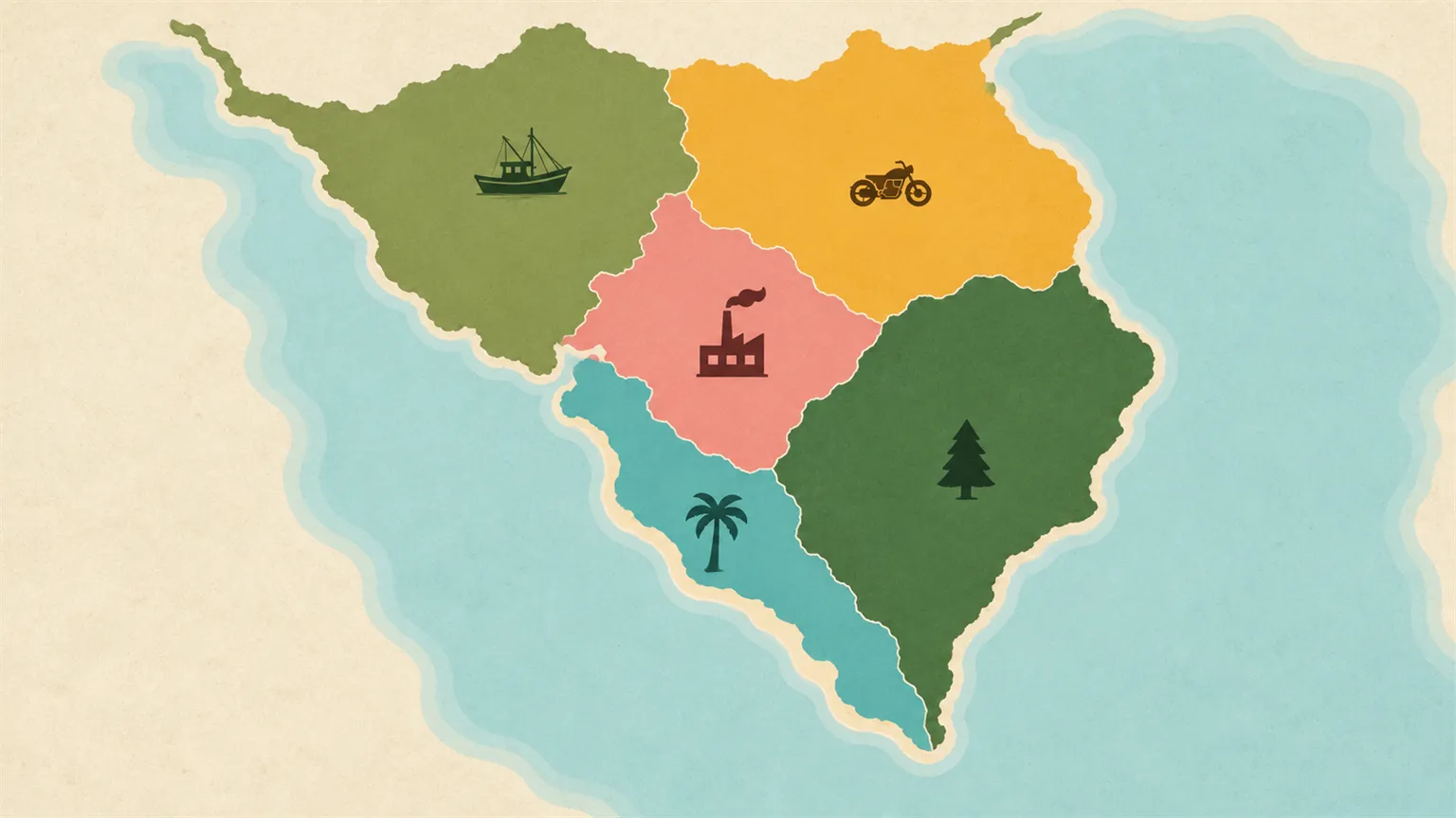 A flat illustrated map of an imaginary peninsula divided into coloured regions, each marked with a small icon such as a palm tree, a boat, a motorcycle and a pine tree
