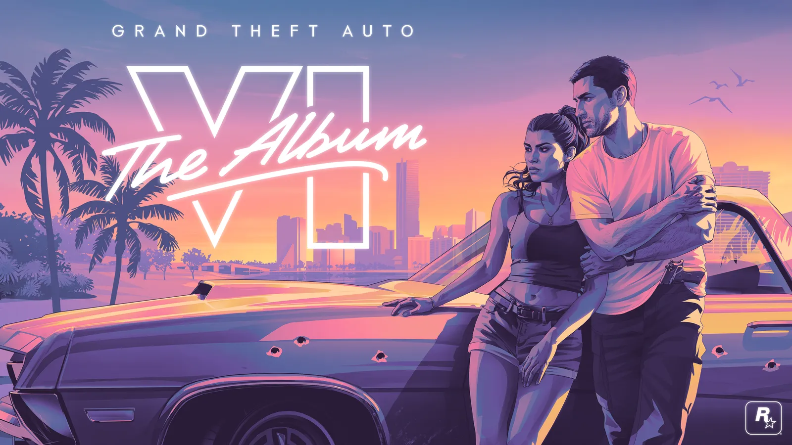 Official cover art for Grand Theft Auto VI: The Album, with Jason and Lucia leaning on a car under a sunset skyline