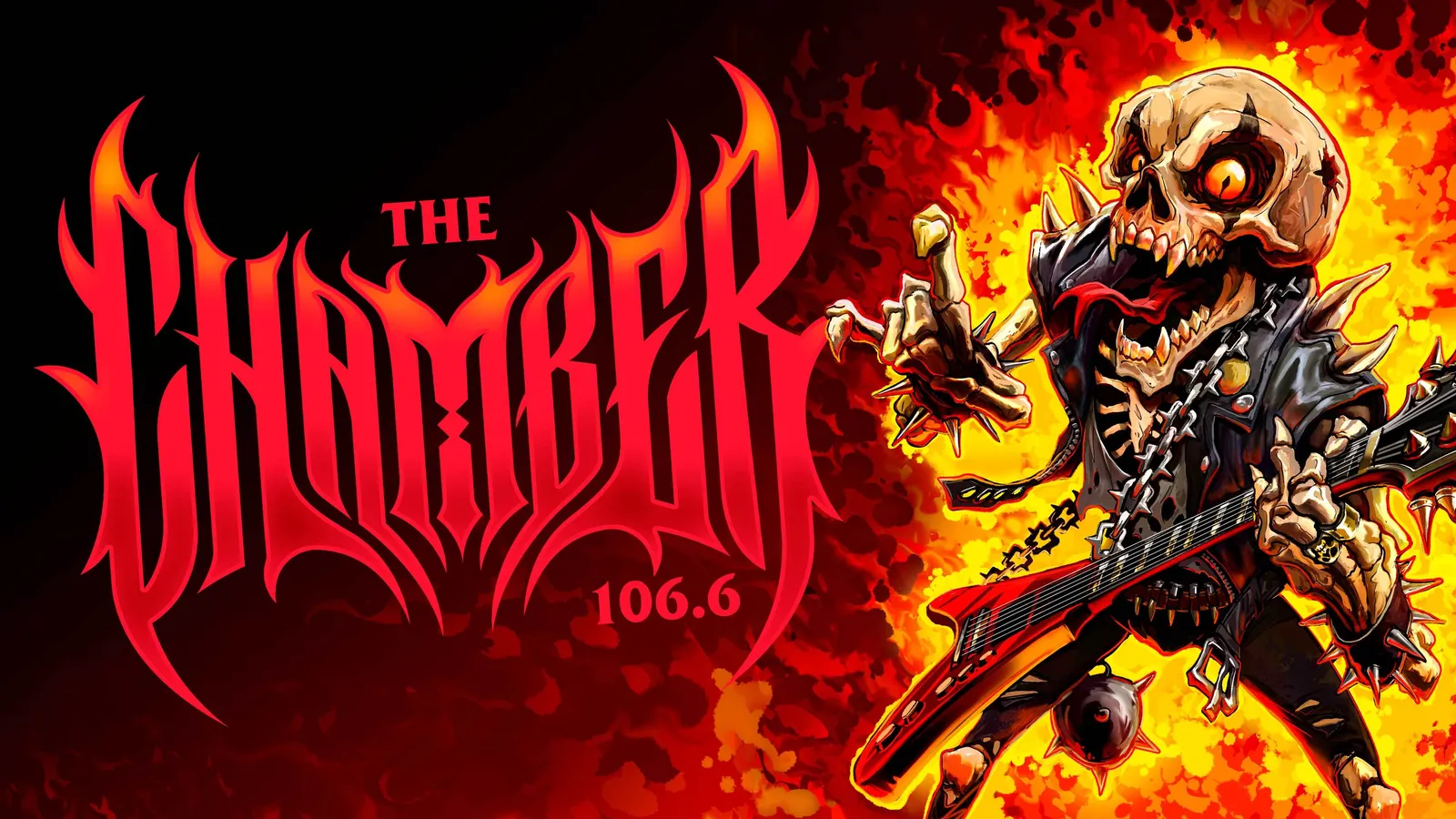 The Chamber 106.6 station art: a grinning skeleton in a spiked jacket plays a red guitar in front of flames, beside the station's red metal logo