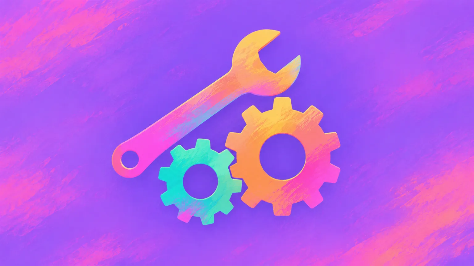A wrench and two interlocking gears in pink, orange and teal on a soft purple background