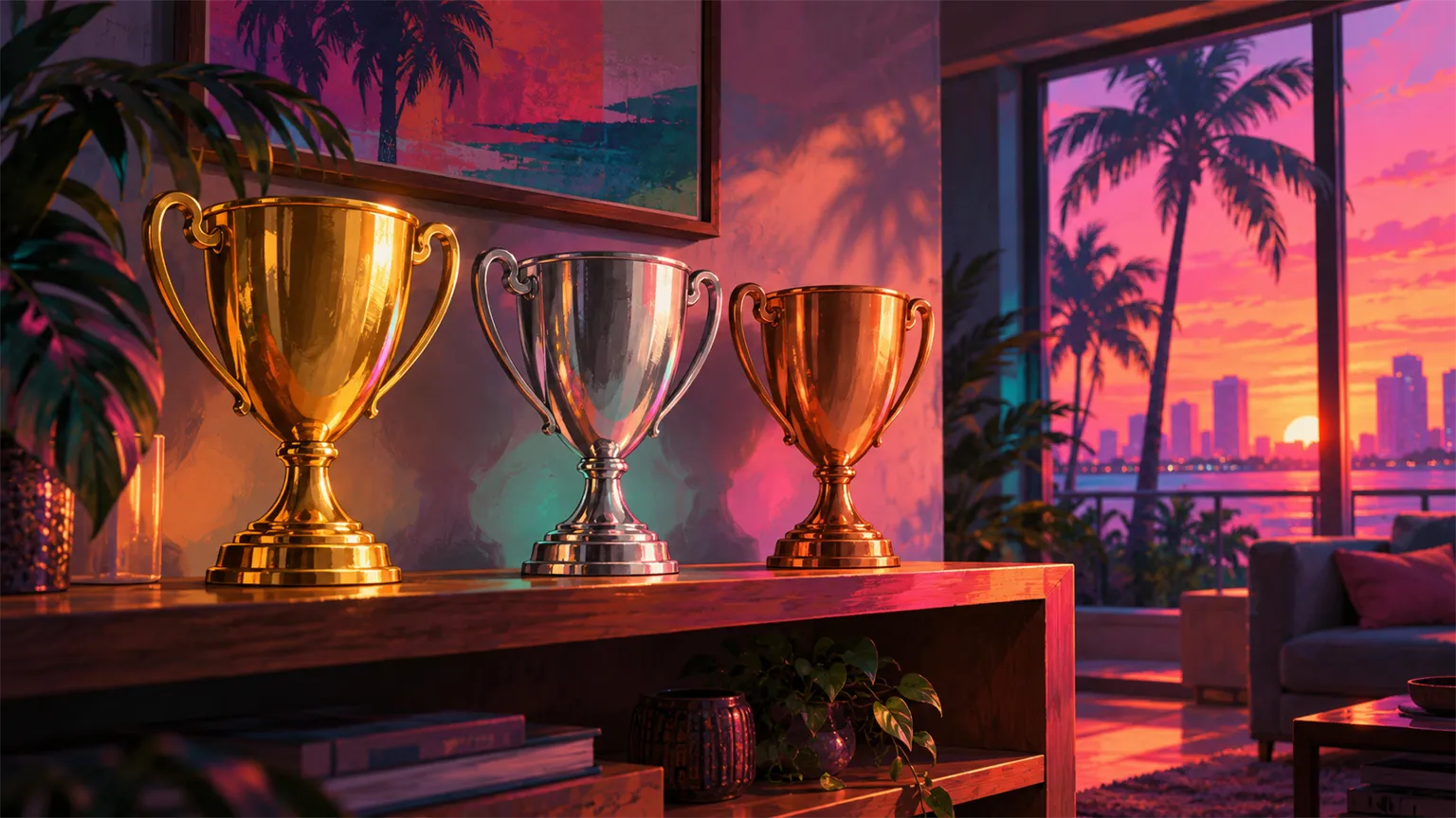 Three plain trophy cups, gold, silver and bronze, glowing on a wooden shelf in a living room at dusk with palm trees outside