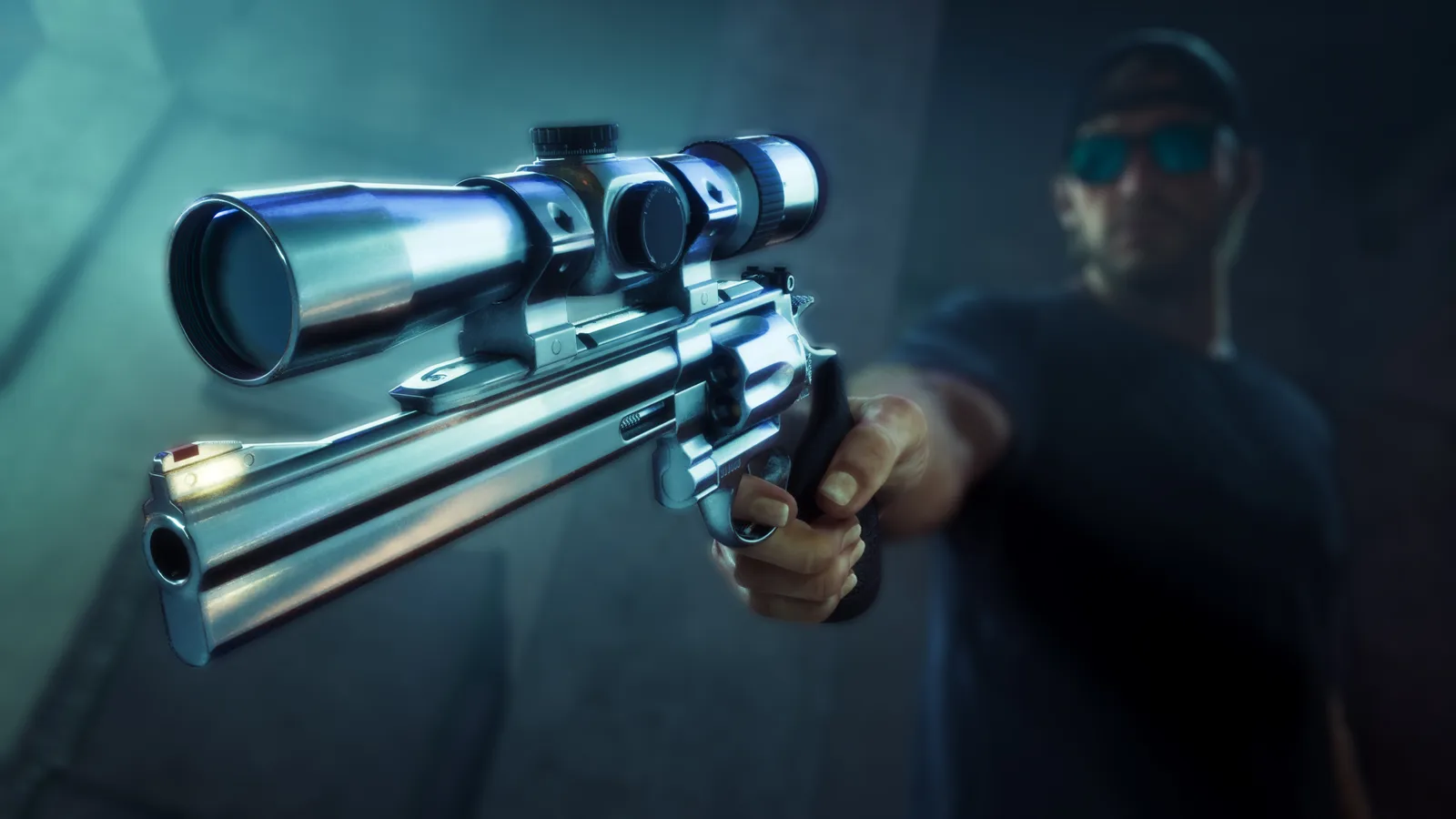 A man in sunglasses and a cap aims a long-barreled chrome revolver with a mounted scope toward the camera