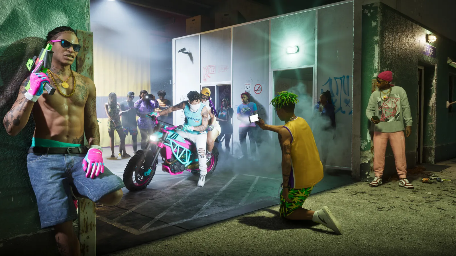 Gang members crowd a dim alley behind a store as a rider spins a pink and teal motorbike in a cloud of smoke, while a shirtless man leans on the wall holding a neon green pistol