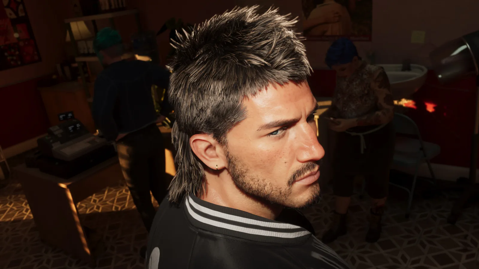 Jason, with a spiky mullet and stubble, looks over his shoulder inside a dimly lit salon