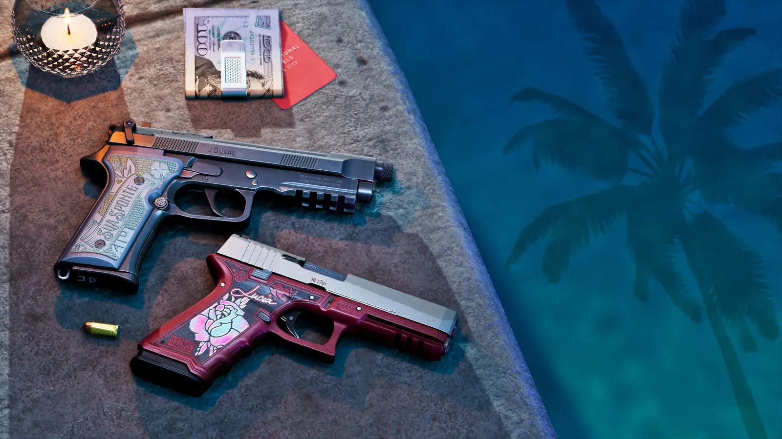Two engraved pistols on a poolside ledge: a dark pistol marked J. Duval and a red pistol with a pink rose and Lucia's name
