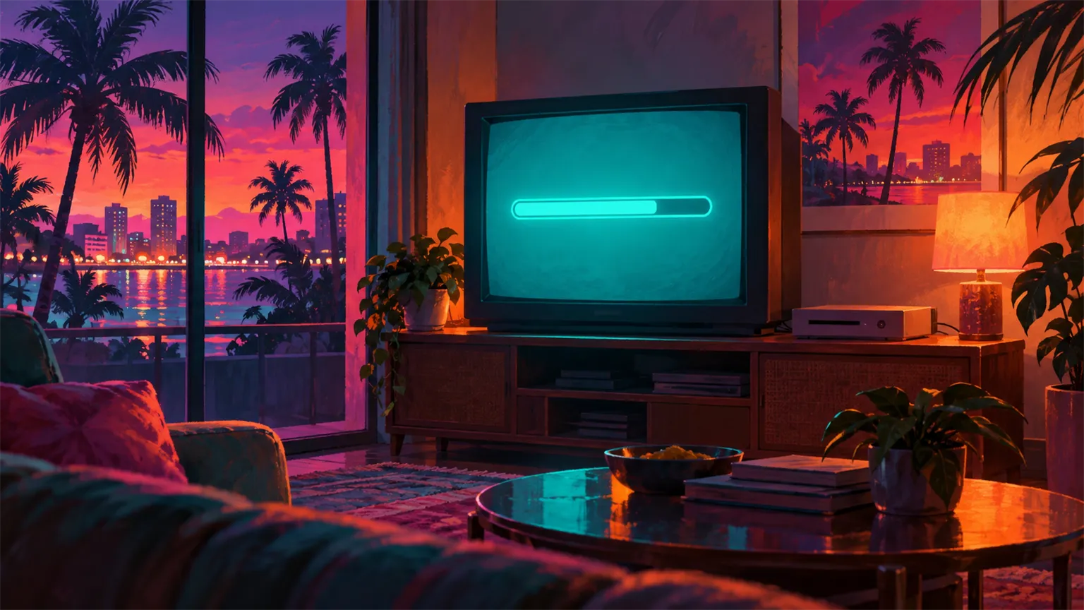 A TV in a dark room showing a simple glowing progress bar, with a plain console beside it and palm trees outside the window